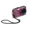 Rode compactcamera met polsband, toont de voorkant met lens en bedieningselementen.