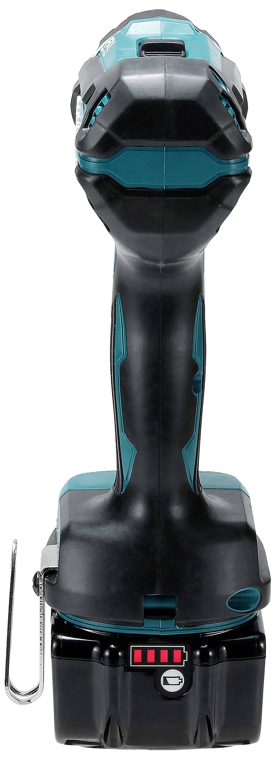 Accuschroefmachine staat rechtop, zwarte en groene kleurstelling, met metalen haak aan de zijkant en een rood oplichtende batterij-indicator.