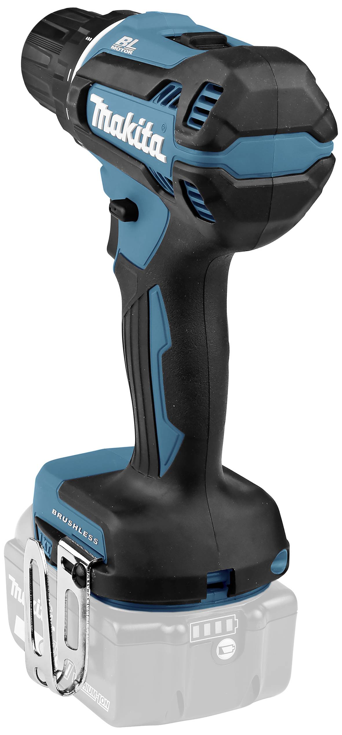 Een snoerloze, blauw-zwarte Makita accuschroevendraaier met een grijze handgreep en een accu aan de onderkant, staat rechtop.