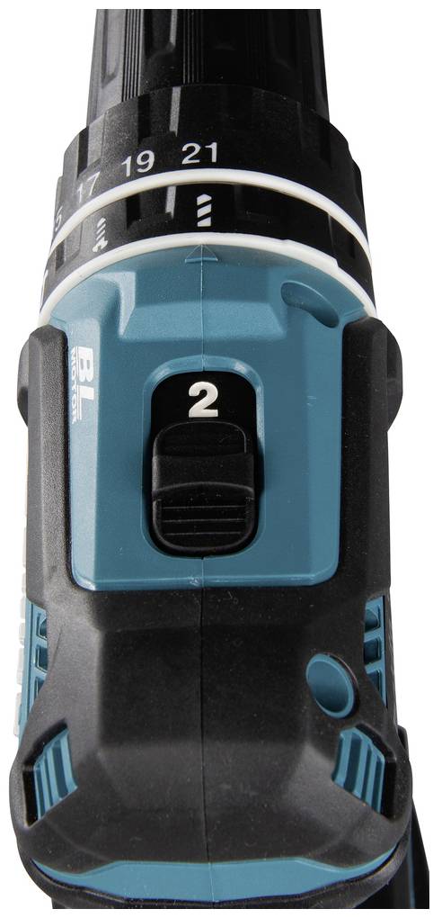 Een zwarte en turquoise accuboormachine met een snelheidsniveau waarop het getal '2' wordt weergegeven.