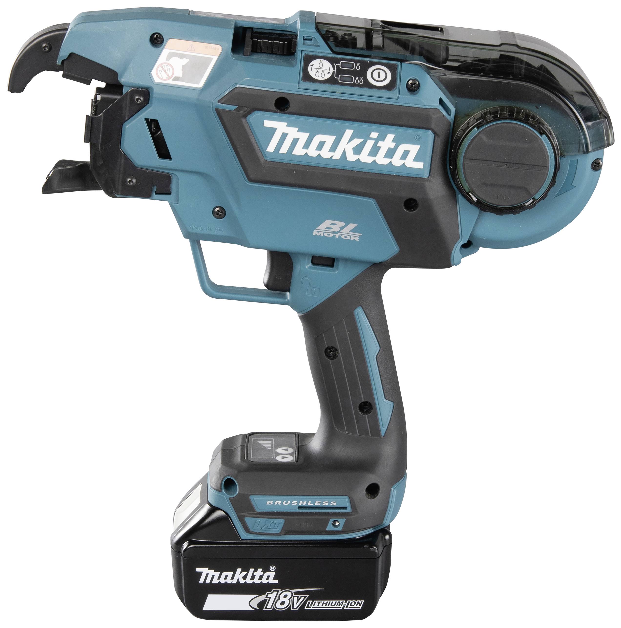 Elektrisch Makita-handverbindingsgereedschap in blauw en zwart met 18V-lithium-ion-accu, geschikt voor bouwwerkzaamheden.