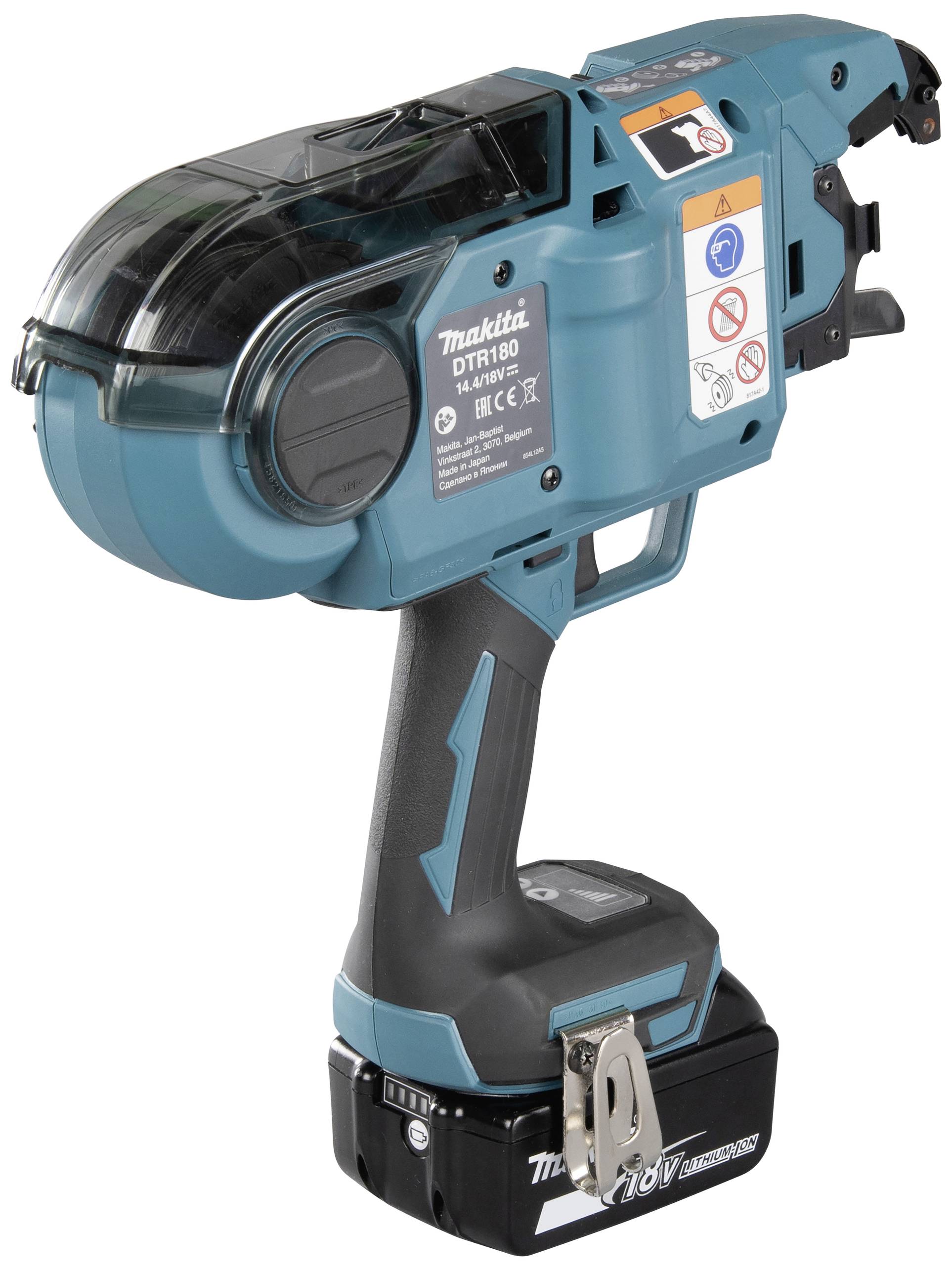 Een blauw-zwarte elektrische bindtool met ergonomische handgreep en beschermkap, geschikt voor bouwwerkzaamheden.