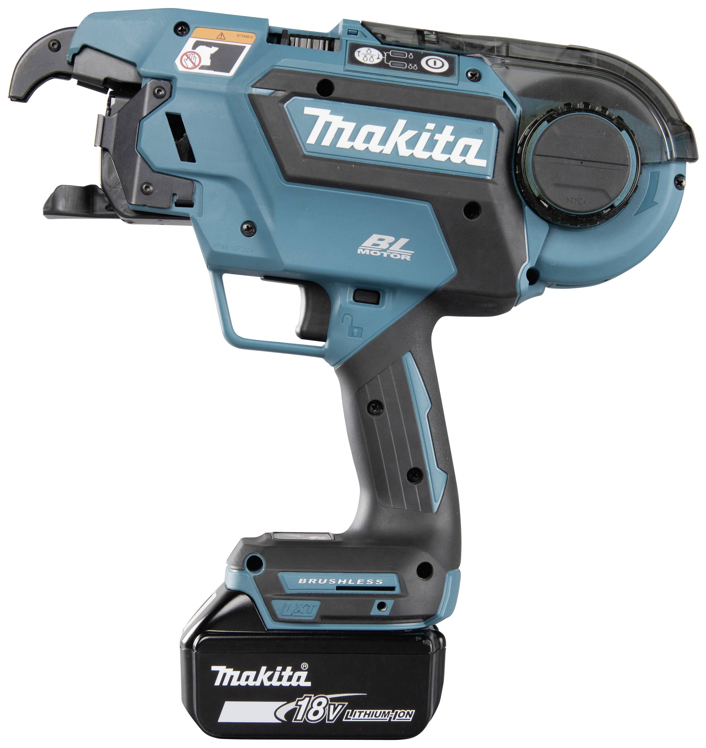 Accustroomgedreven Makita kabelbindertool BT van opzij. Ergonomisch ontwerp, 18V-batterij, blauwe behuizing met zwarte handgreep.