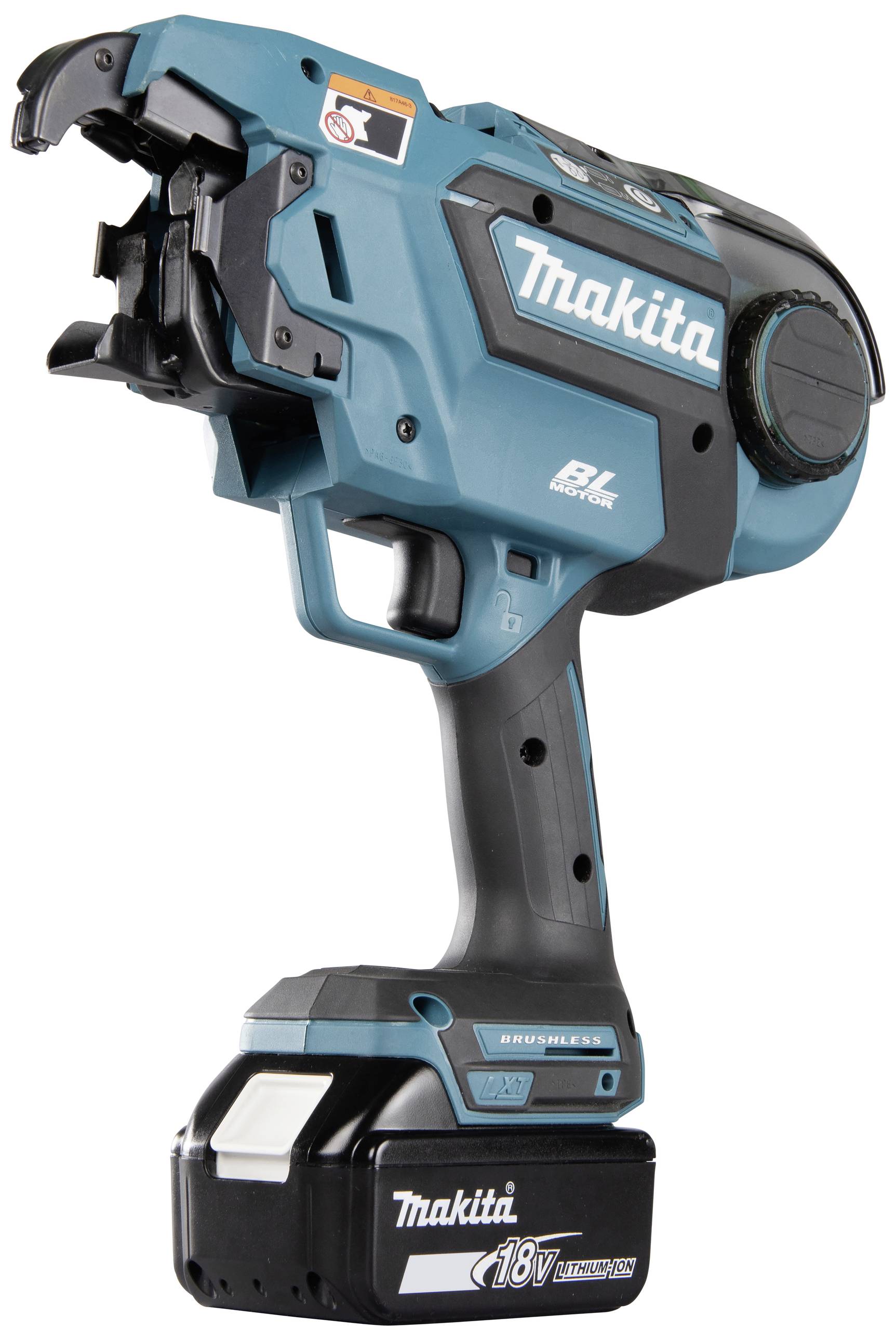 Draadloze Makita bandomsnoeringapparaat met 18V lithium-ion accu, blauw-zwart, geschikt voor industriële verpakkingswerkzaamheden.