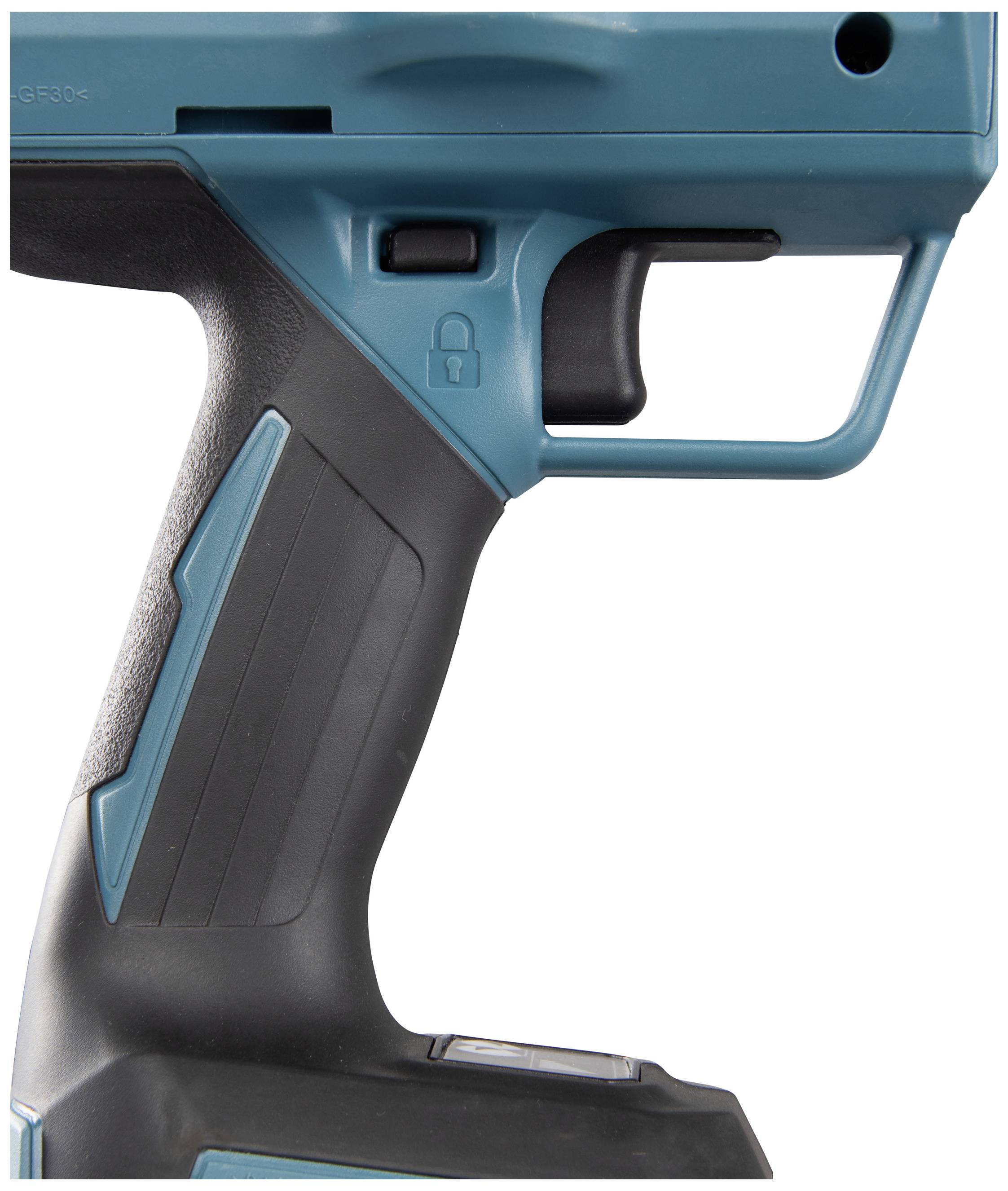 Een blauwe en zwarte gereedschapsgreep met vergrendelingssymbool en ergonomisch ontwerp.