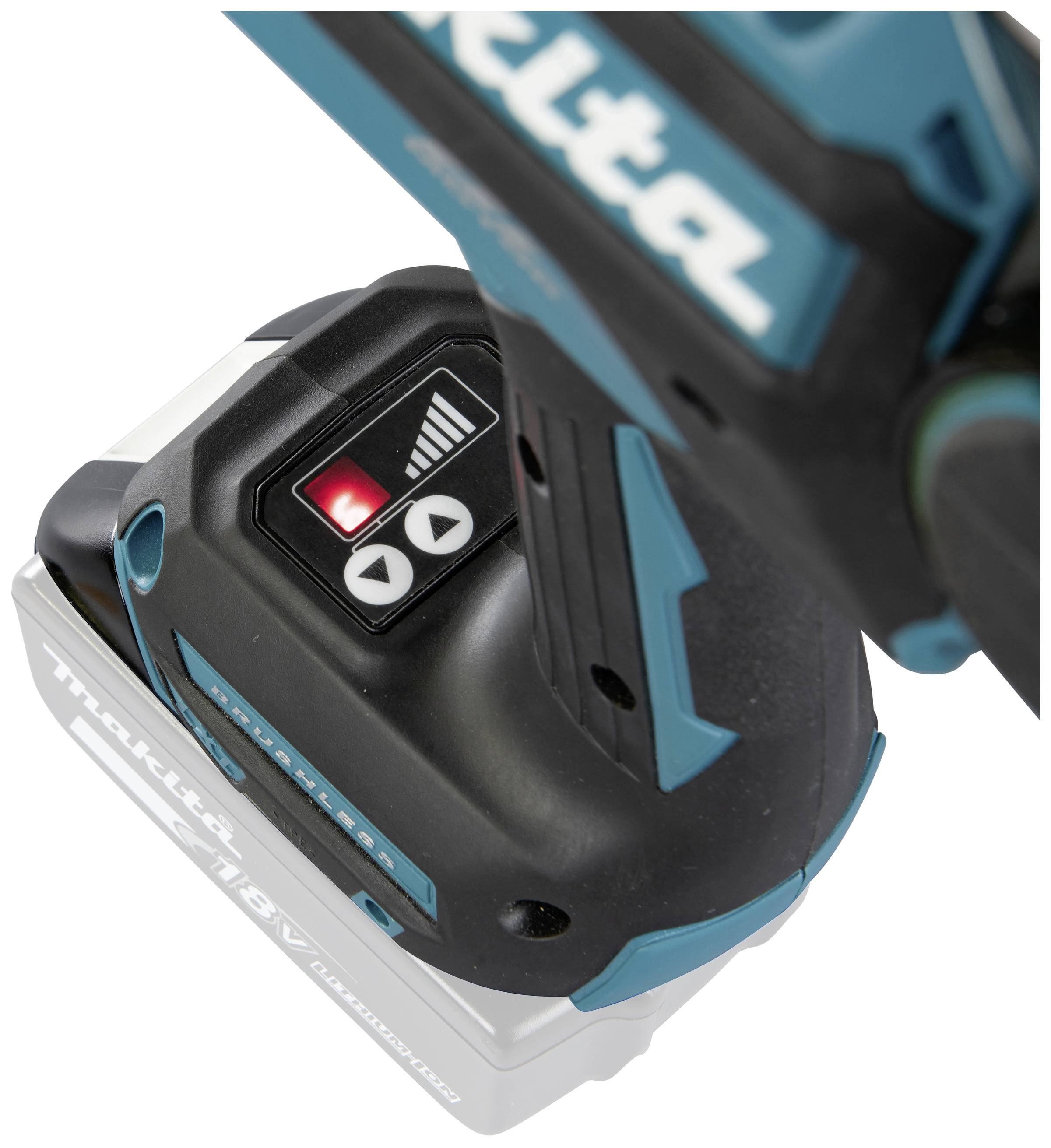 Accuschroevendraaier met batterij-indicator en merklogo. Apparaat toont 75% batterijlading.