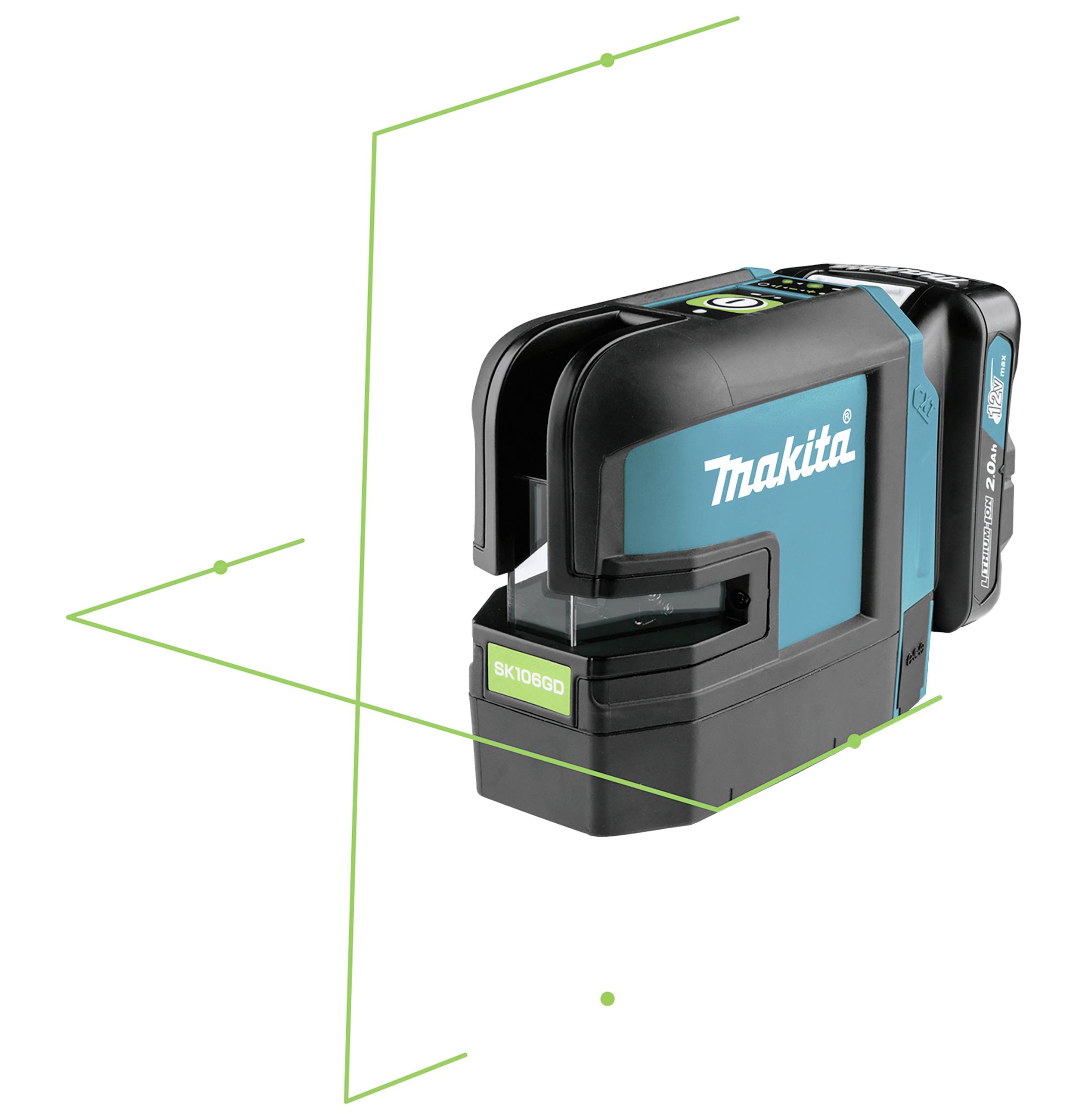 Makita kruislijnlaser in zwart en blauw met groene laserdiodes, toont twee kruisende lijnen voor nauwkeurige uitlijning.
