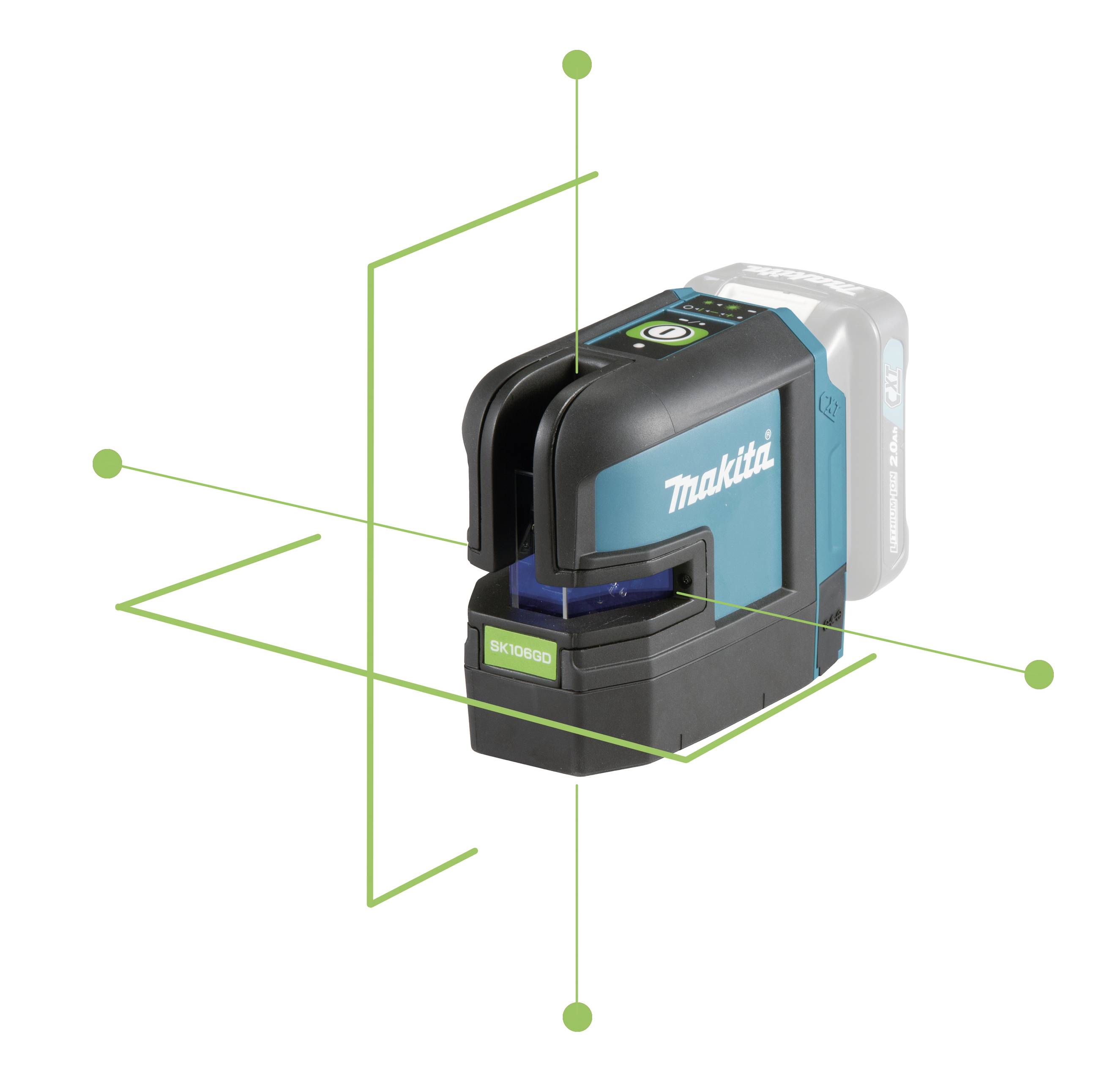 Makita bouwgereedschap met een groen laserkruisdraad, geschikt voor nauwkeurige uitlijning en meting in bouwprojecten.