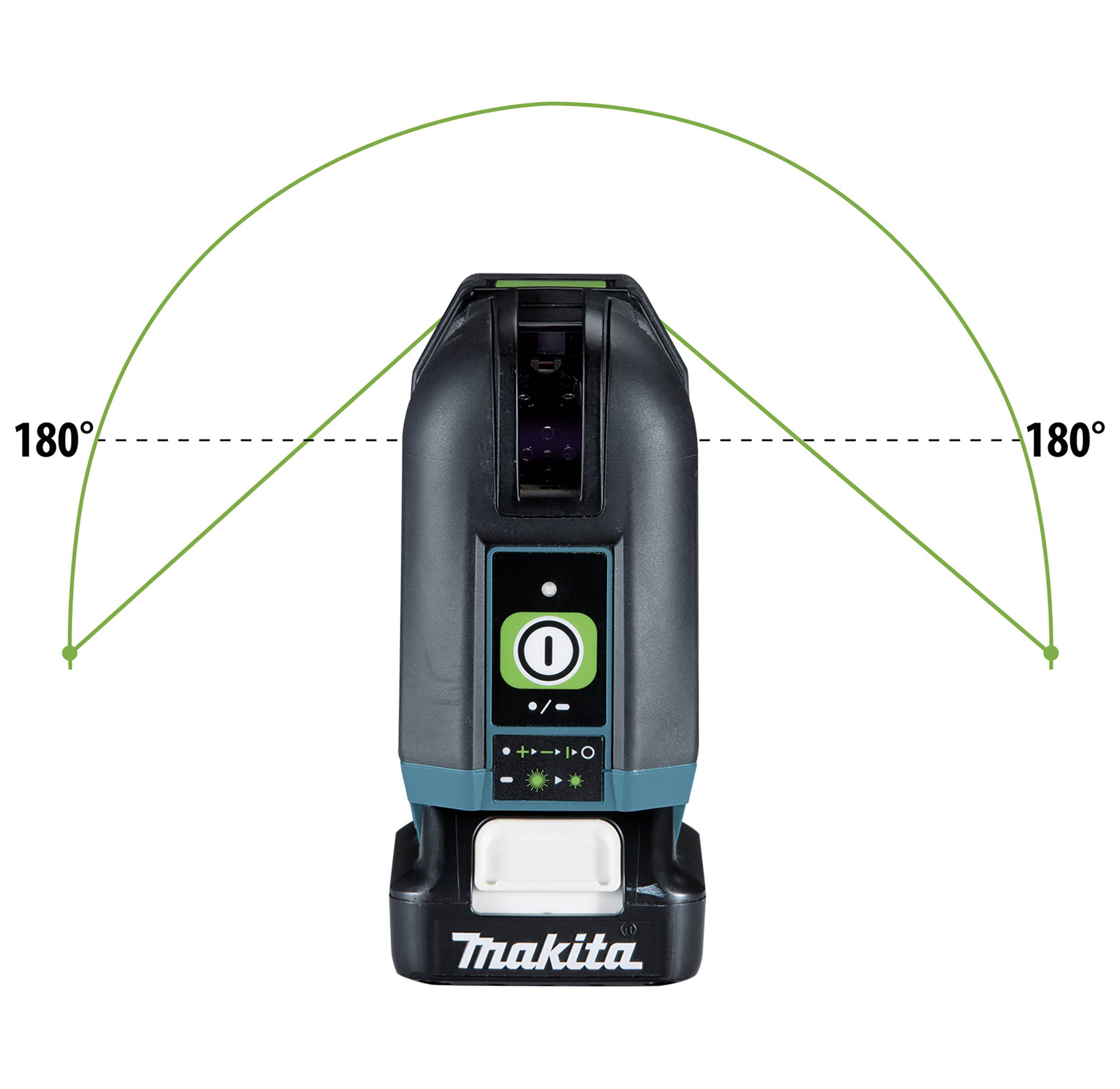 'Makita' laserniveaumeter toont een 180-graden gezichtsveld voor precisie metingen.