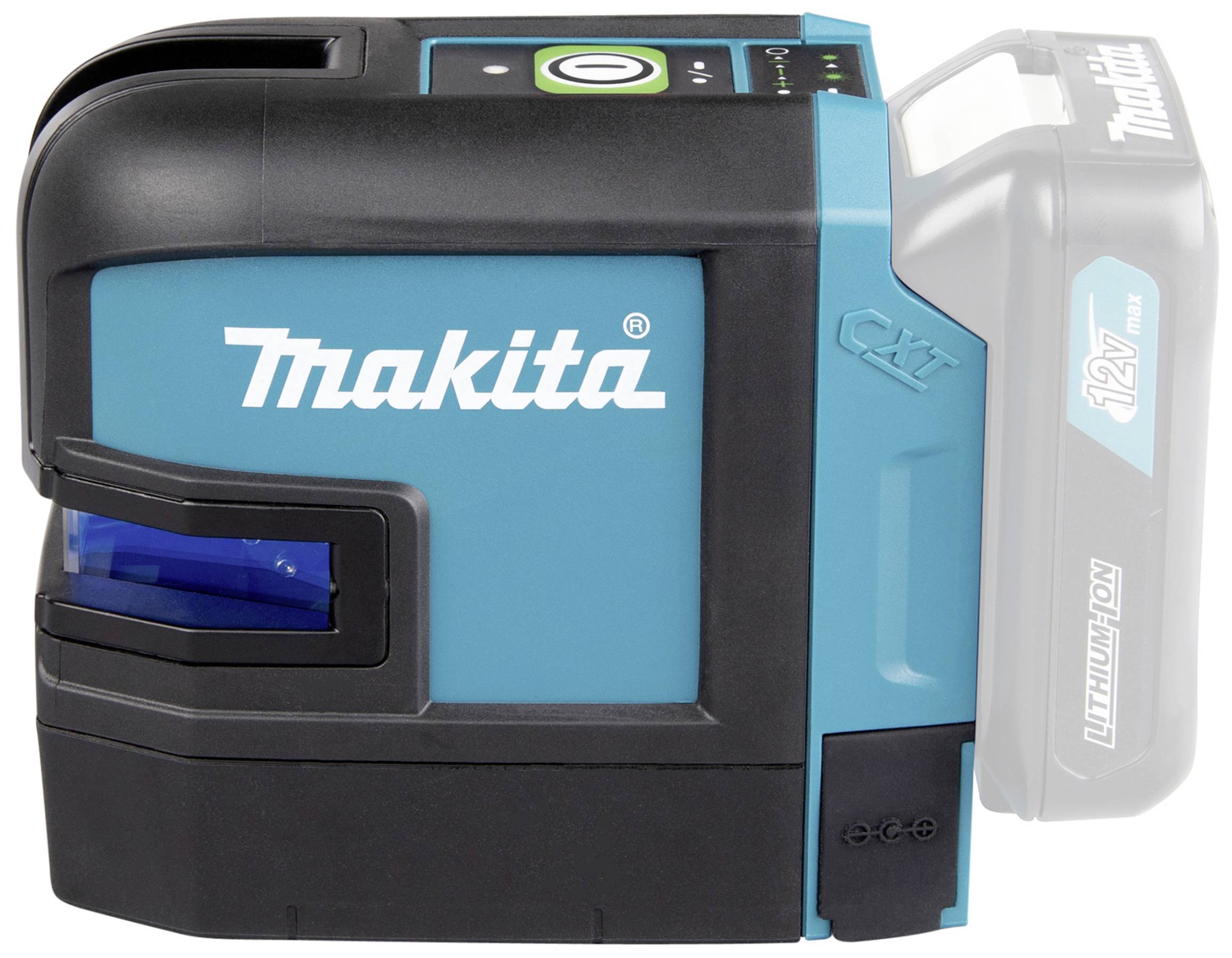 'Makita' Laservaterpas met blauwe laserlijn, zwarte behuizing en 12V-accu rechts.