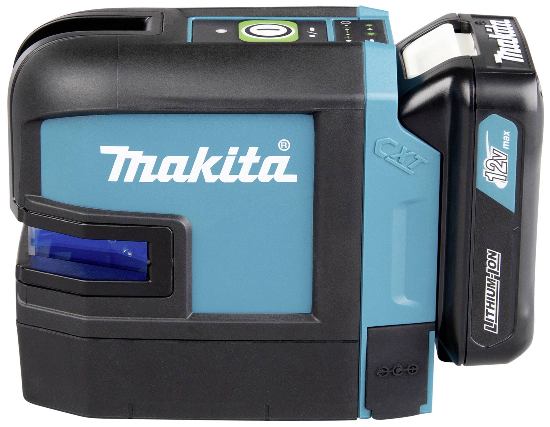 Makita kruislijnen-laser met blauwe laserlijn, 12V lithium-ion accu aan de zijkant, geschikt voor ambachtelijke toepassingen.