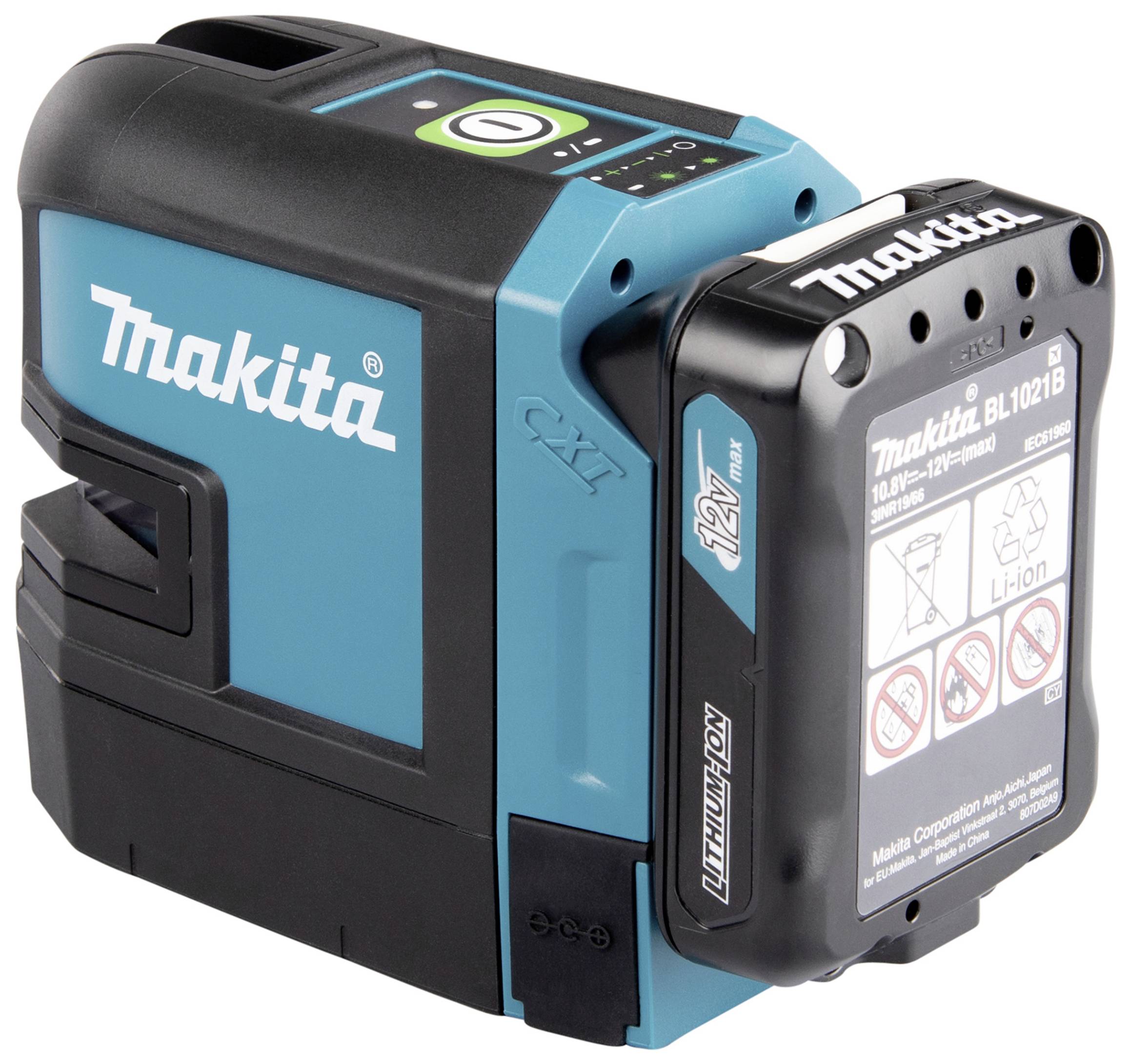 Een compacte, draagbare blauwe en zwarte Makita-laser met gemonteerde lithium-ion accu. Perfect voor precisie-uitlijning.