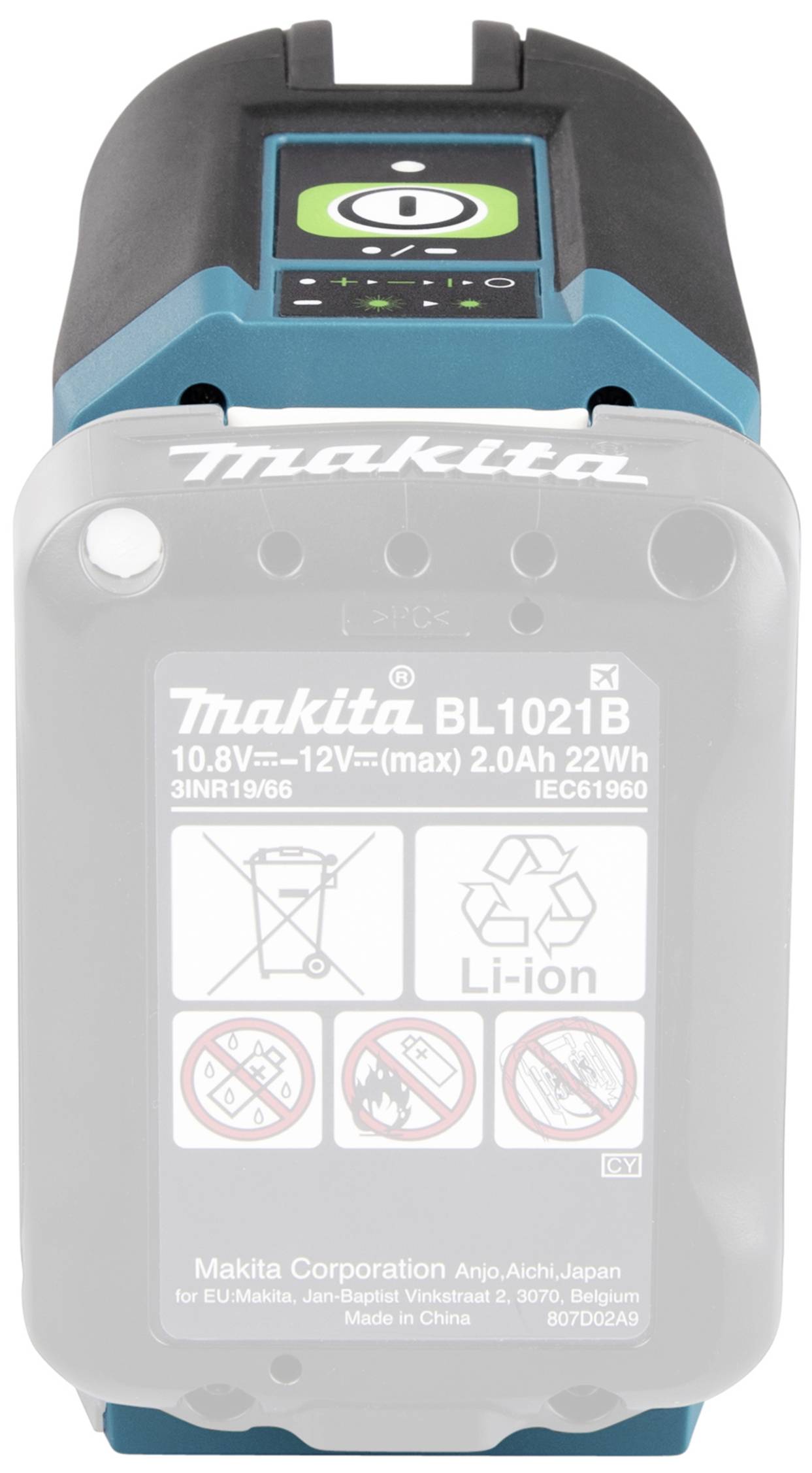 Een Makita-accu BL1021B, 10,8V-12V, max. 2,0Ah, 22Wh, Li-Ion, met een afbeelding van veiligheids- en verwijderingssymbolen aan de voorzijde.
