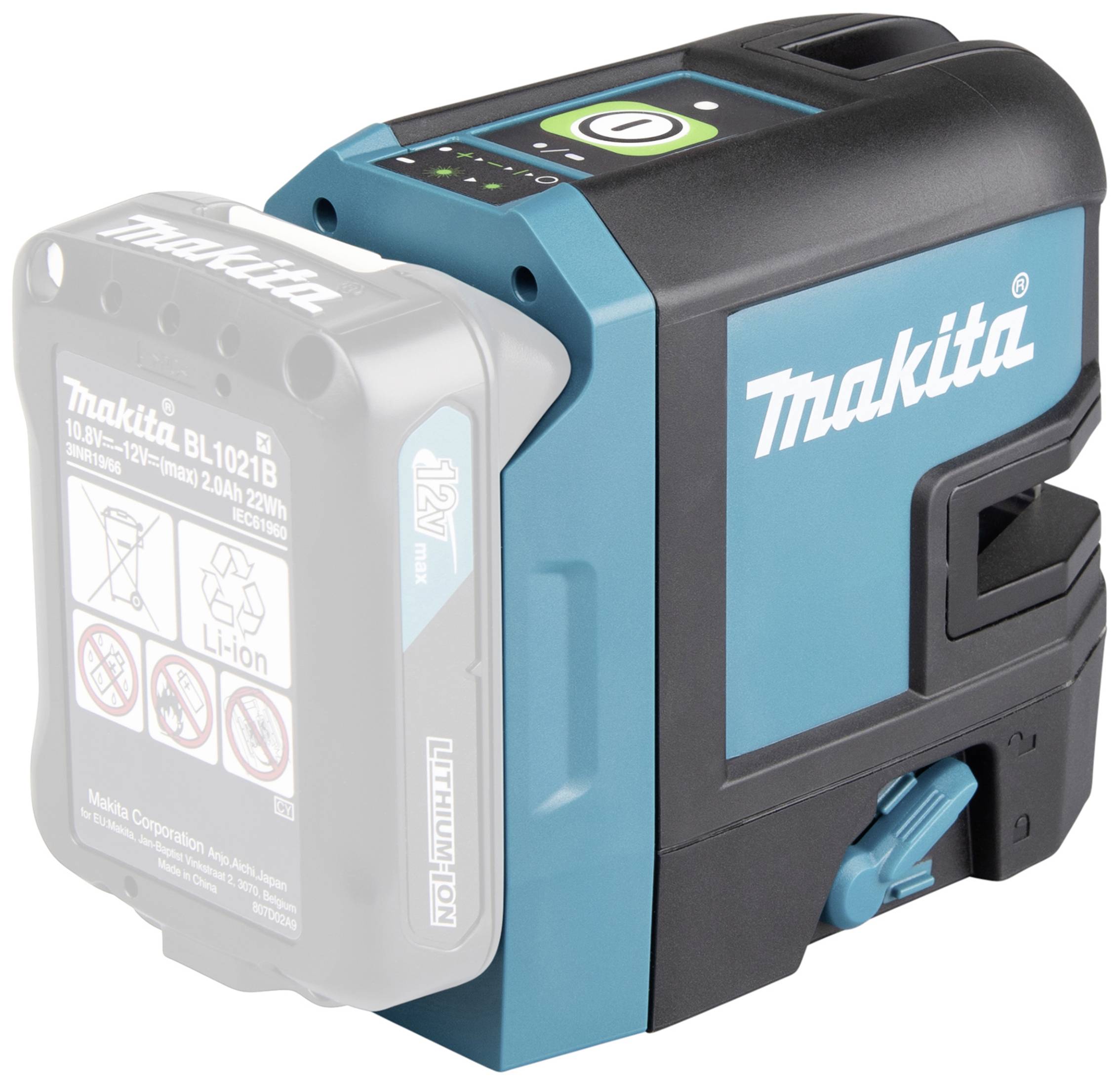 Een blauwe Makita laser-waterpas met geplaatste accu. Merkenlogo zichtbaar op het apparaat. Accu-details vermelden spanning en capaciteit.