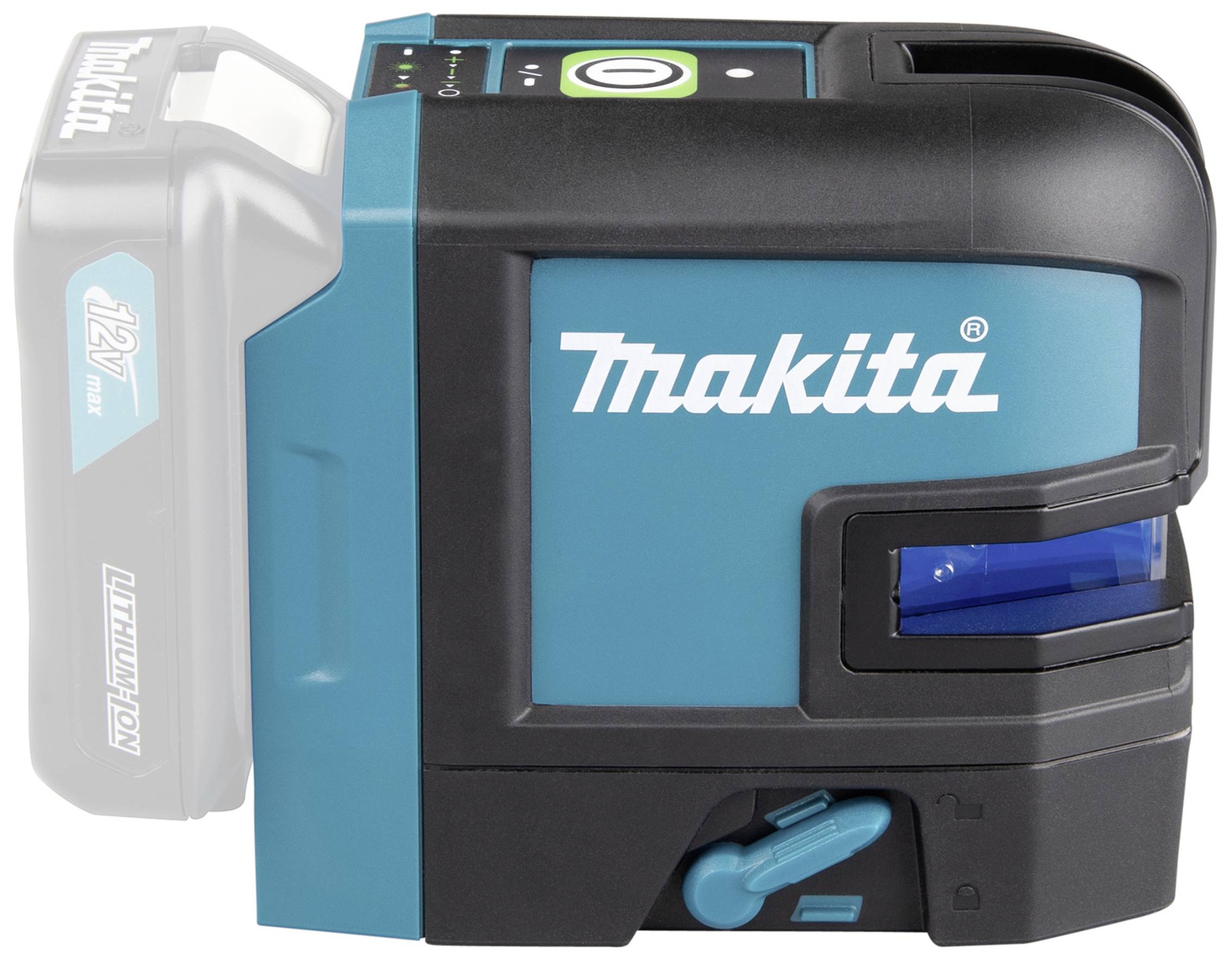 Blauwe en zwarte laserafstandsmeter met 'Makita'-logo. Toont een batterijgevoed apparaat voor afstandsberekening.