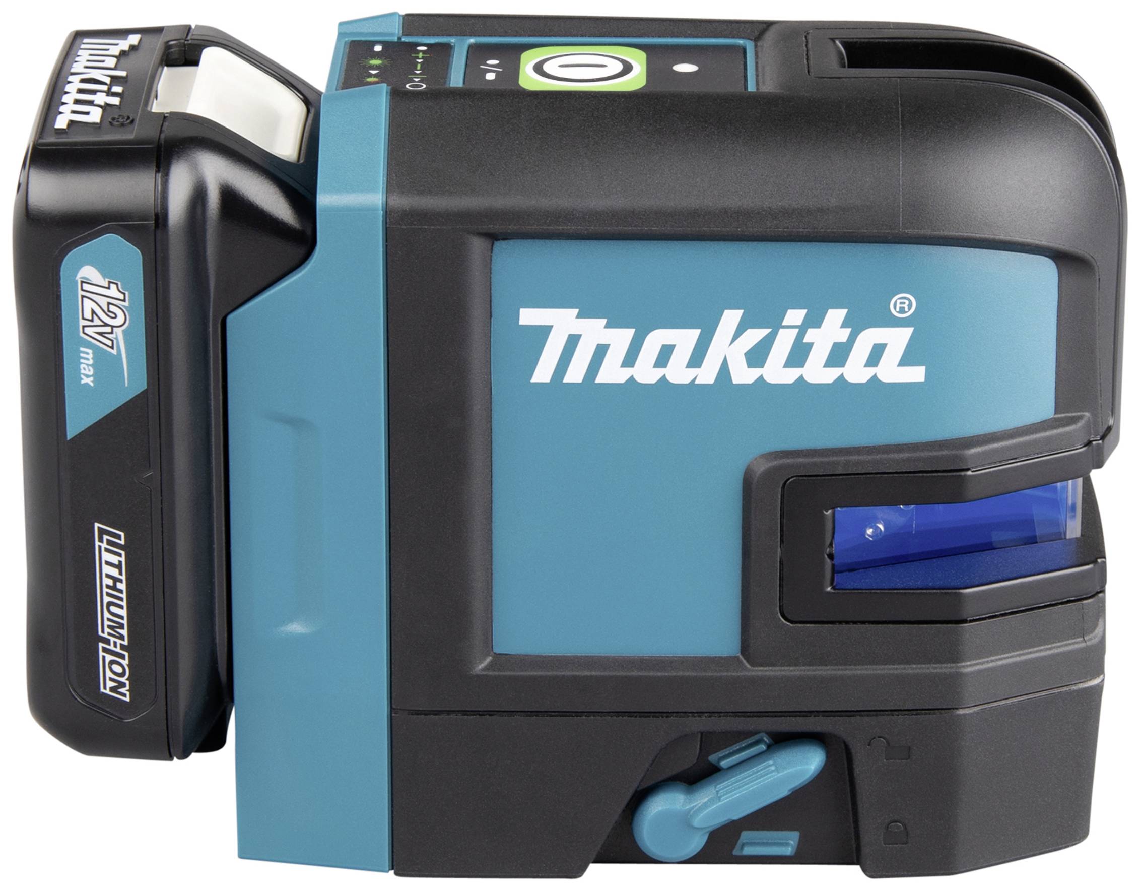 Een blauw-zwarte Makita-laserwaterpas met een 12V-Li-Ion-accu aan de zijkant.
