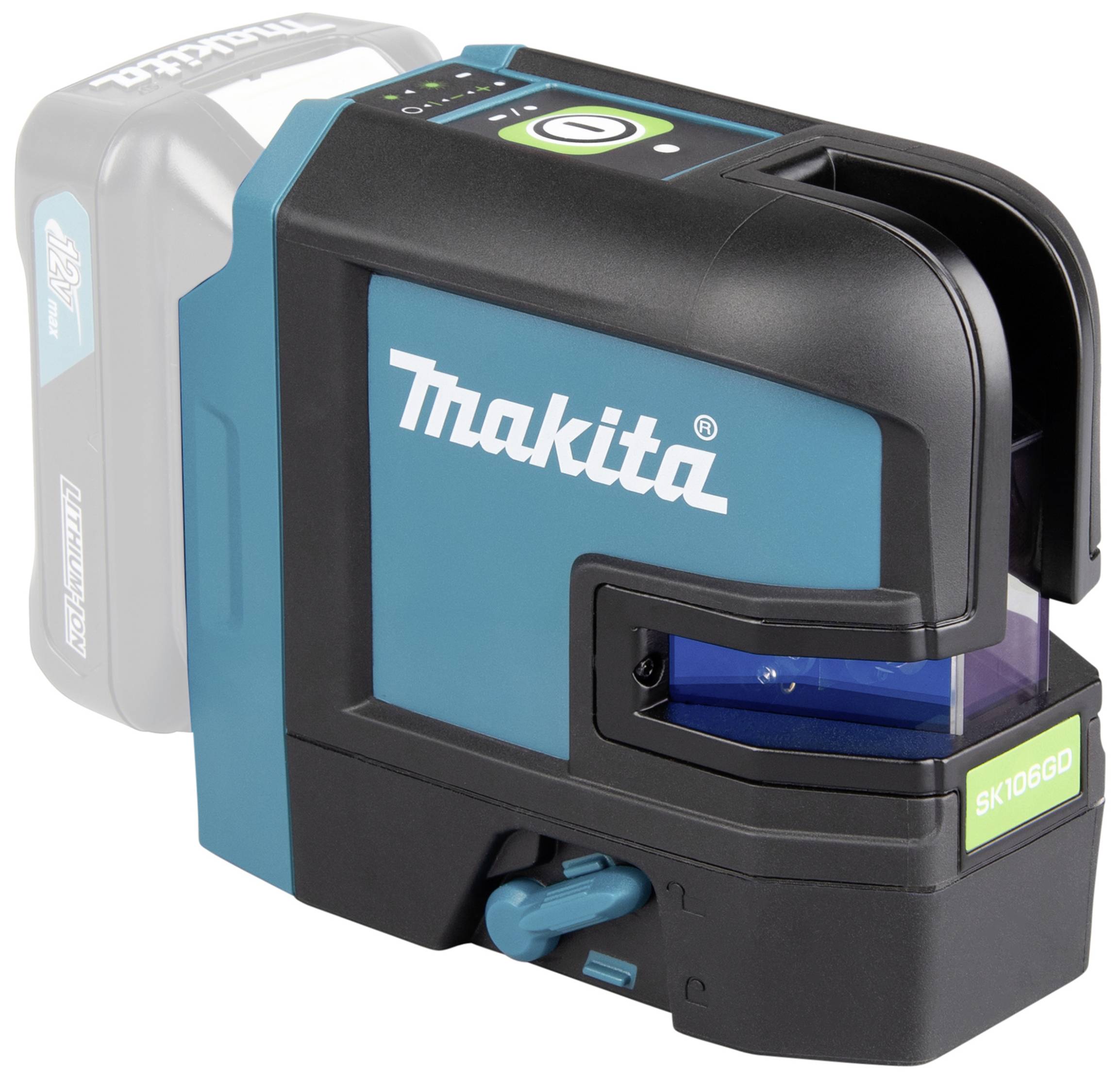 Een compacte, groene lijnlaser van Makita staat rechtop. Hij heeft een zichtbare laseruitgangsopening aan de voorkant.
