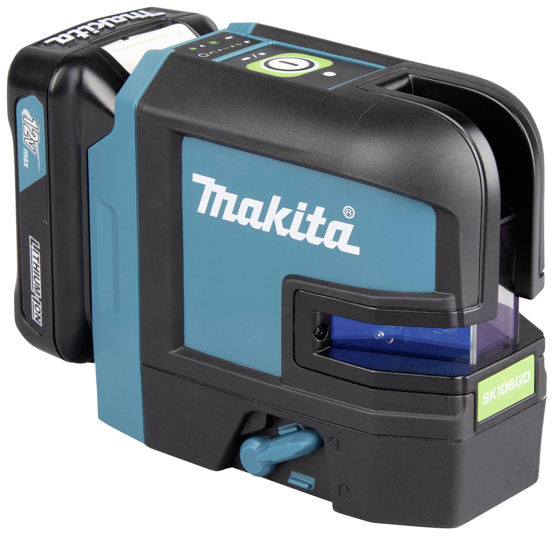 Een Makita-lijnlaser in blauw en zwart, die precisie laserlijnen projecteert voor bouw- of renovatiewerkzaamheden.