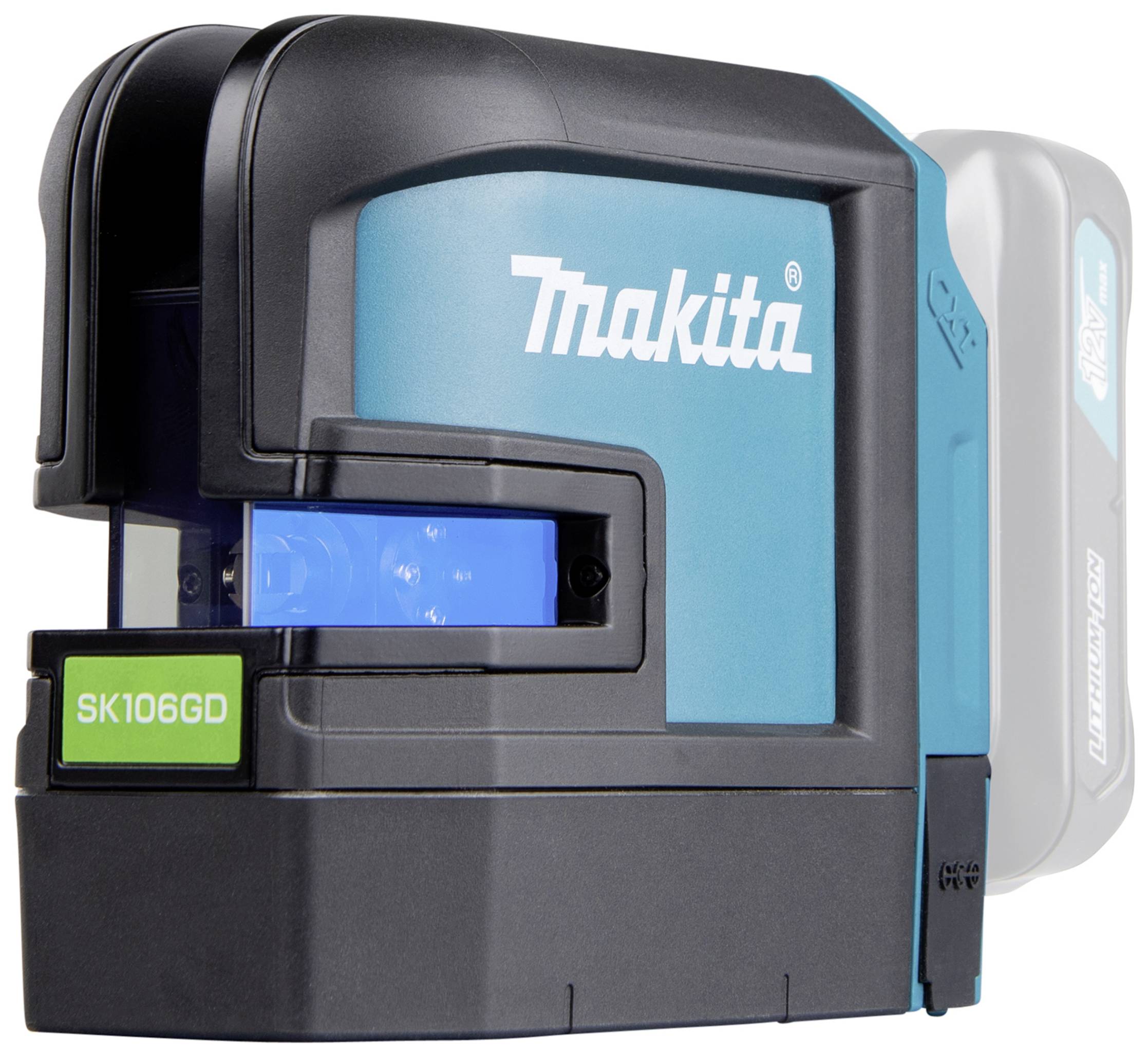 Makita laserwaterpas met model 'SK106GD', toont compacte behuizing en blauwe laserlijn. Accu zichtbaar aan de achterkant.