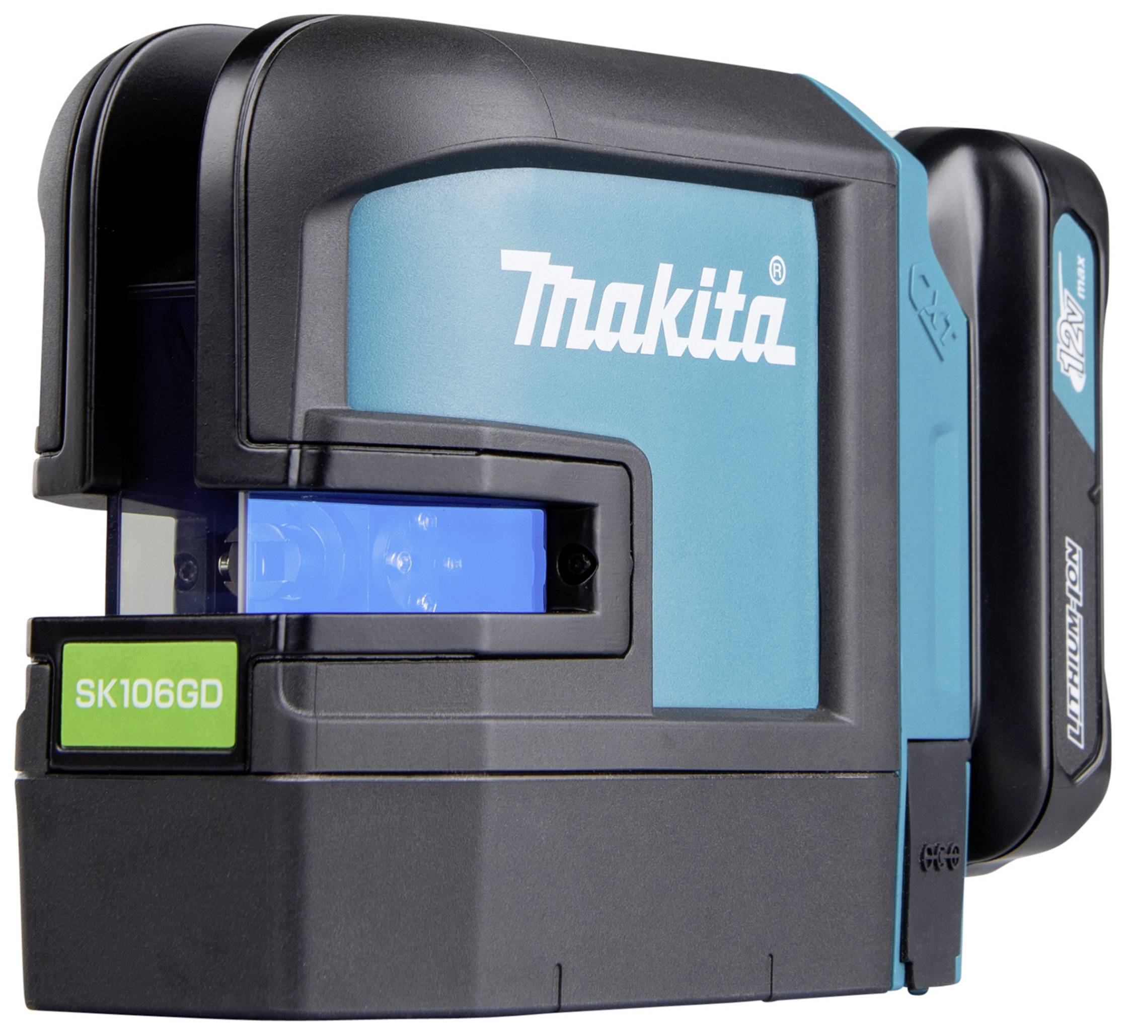 Een accutoestellen-lijnlaser met een blauw behuizing, merk en model 'Makita SK106GD' zichtbaar, toont een kruisvormig laserlicht.