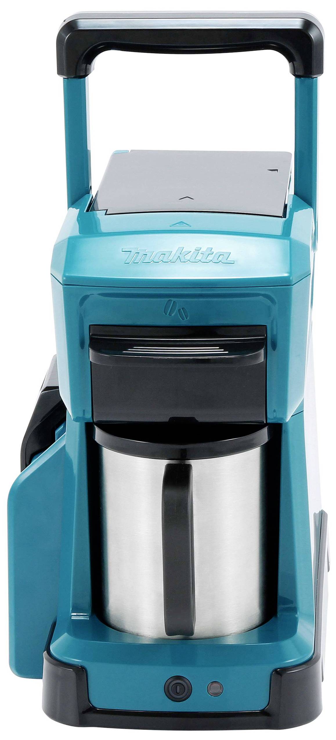 Een blauwe draagbare koffiemachine met roestvrijstalen kan, geschikt voor bouwplaatsen of reizen.