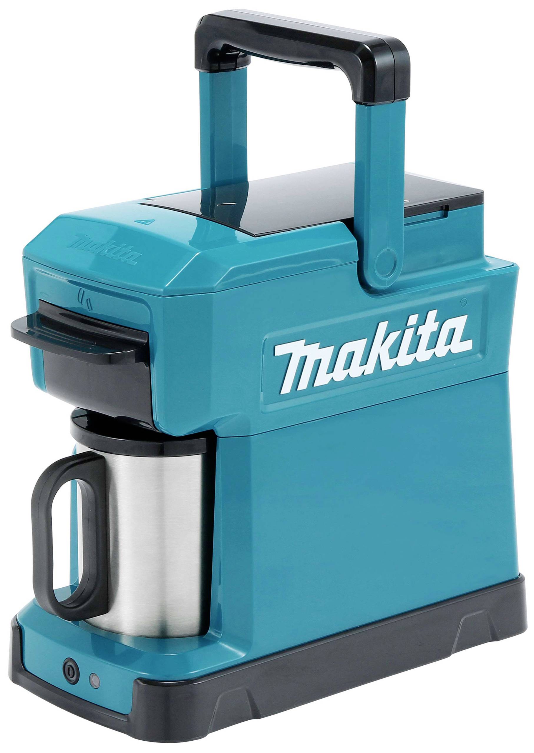 Koffiemachine in turquoise met zwarte handgreep en zilveren kan. Vierkant design met logo aan de zijkant.