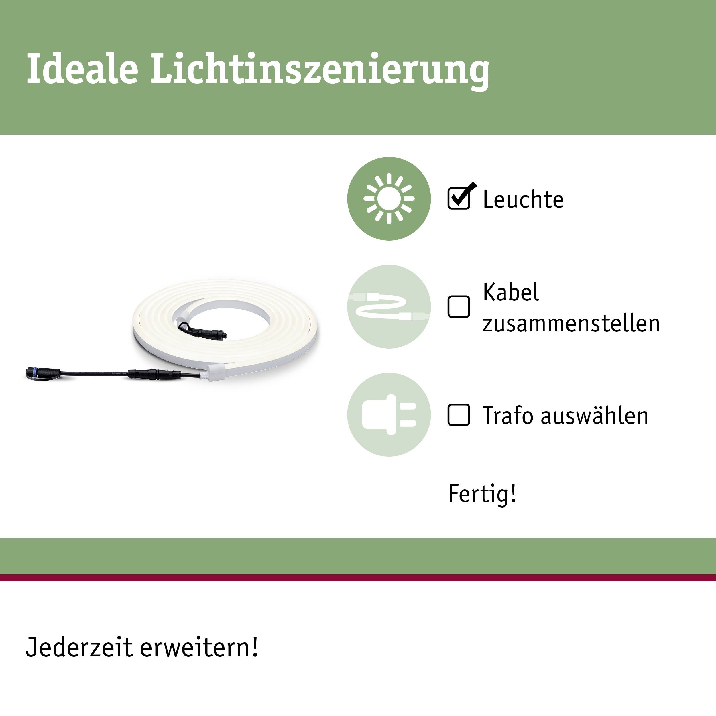 'Ideale Lichtinscenering' toont een lamp, kabelopties, transformator en het woord 'Klaar!'. Ondertitel: 'Op elk moment uit te breiden!'.