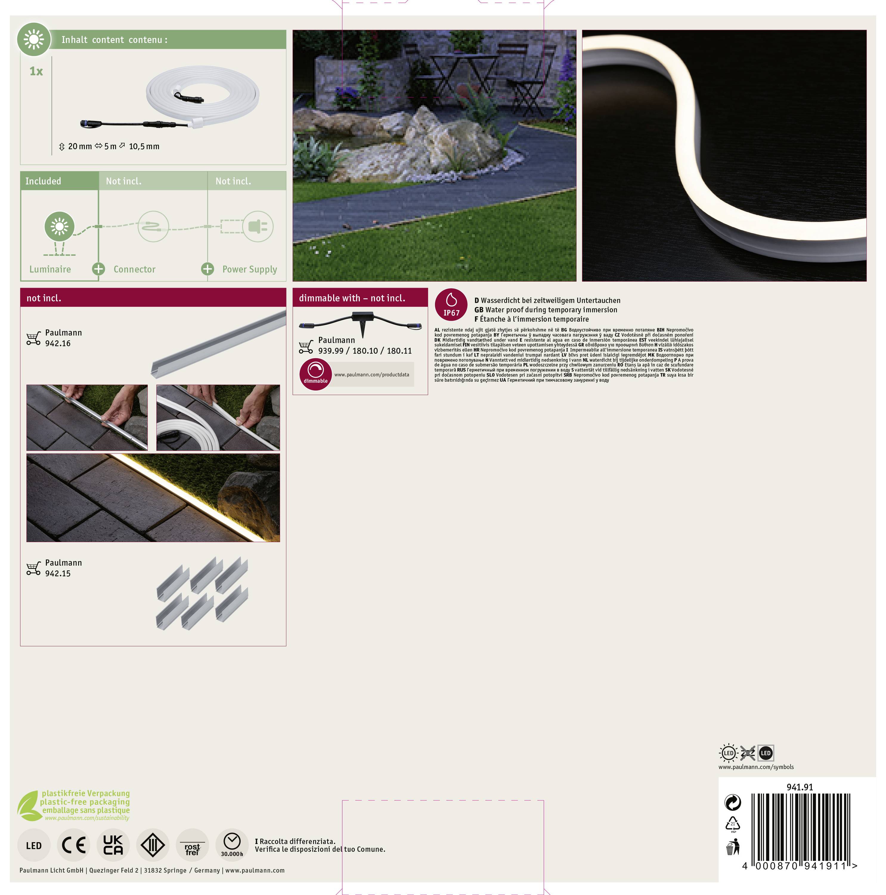 'LED-lichtstrip voor buitengebruik, toont toepassingsvoorbeelden op terras en tuinpad. Bevat overzicht van toebehoren en productinformatie.'