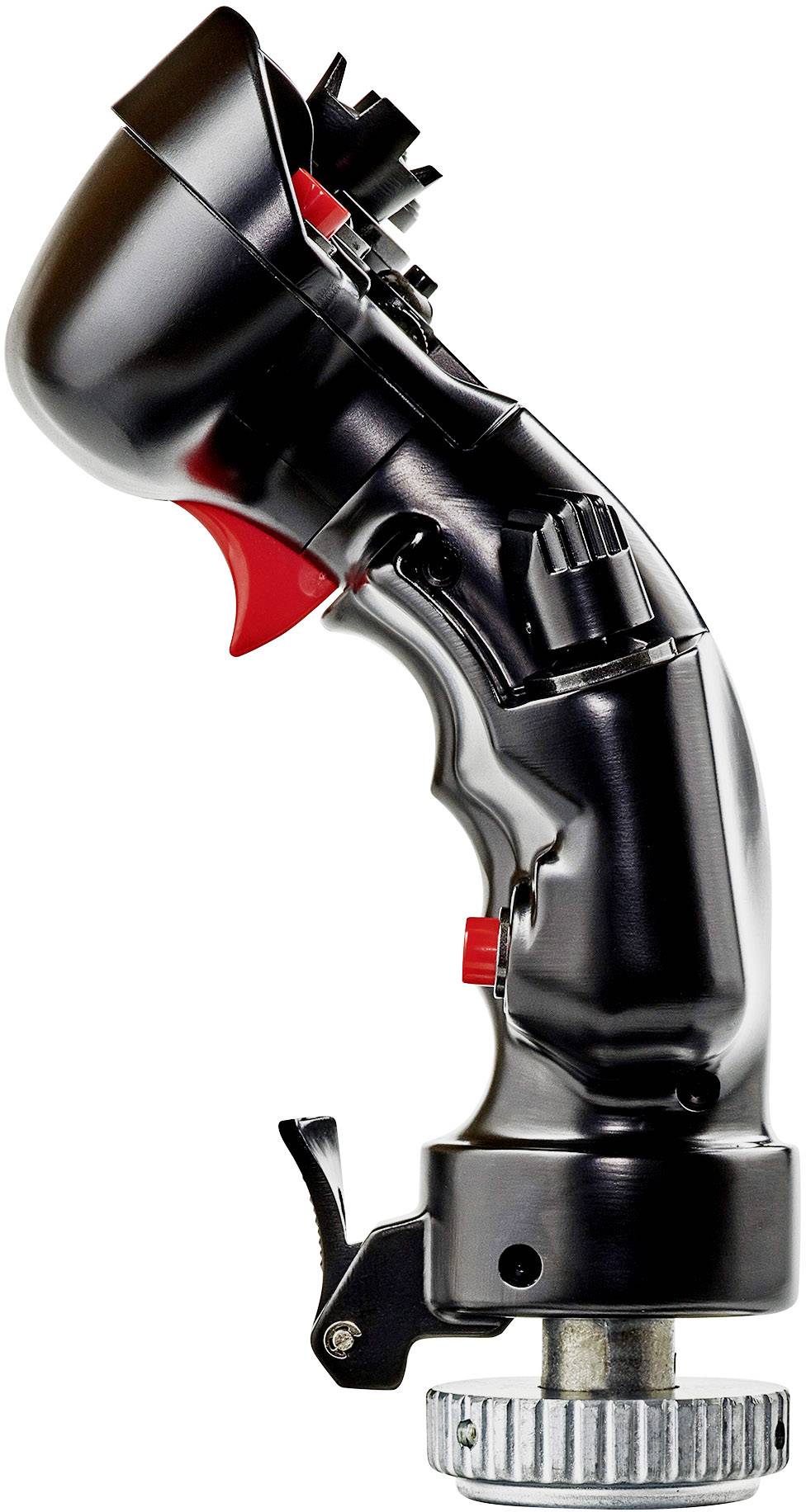Een zwarte joystick-greep met een rode knop en meerdere schakelaars, gemonteerd op een zilveren tandwiel.