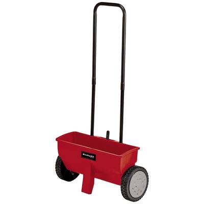 Rode strooiwagen met twee grote wielen en een zwarte, lange steel. Geschikt voor gelijkmatige verdeling van zaad of meststof.