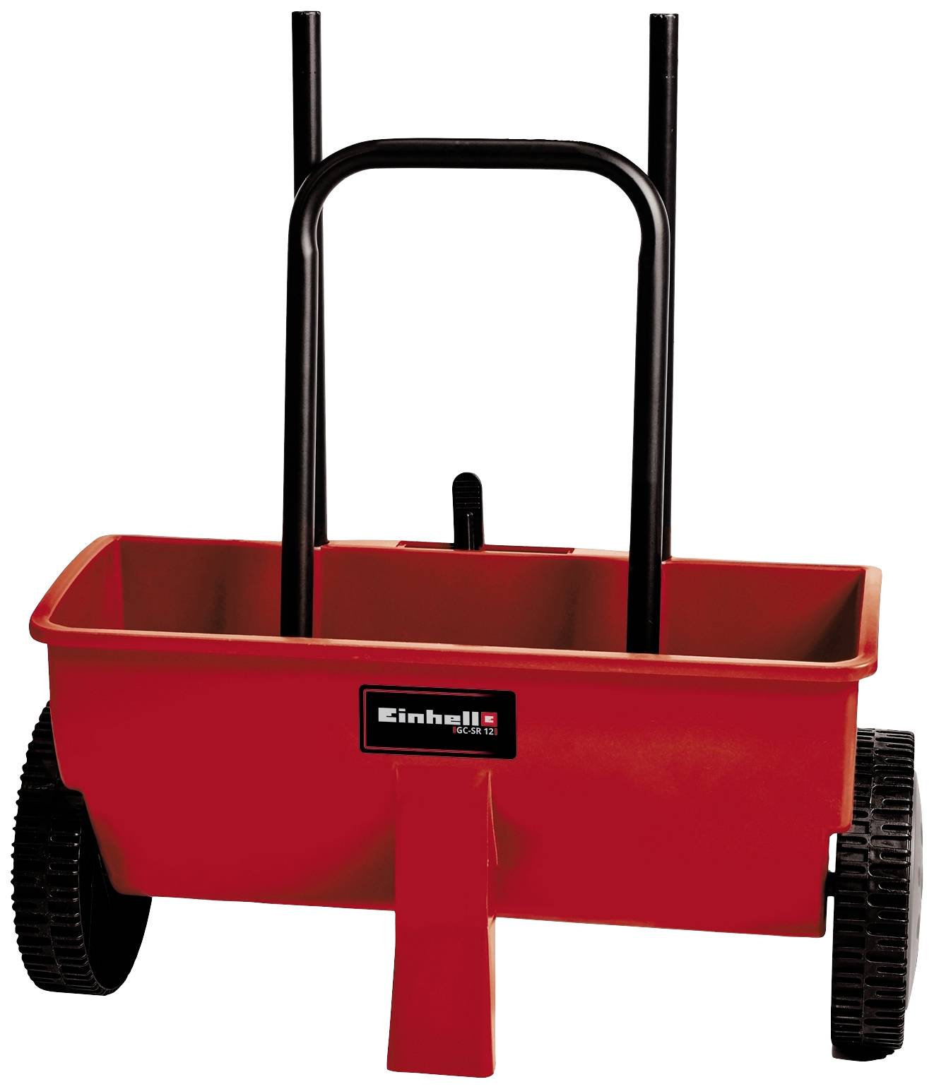 Een rode, rechthoekige strooiwagen met zwarte handgrepen en wielen. Merknaam-sticker op de voorkant.