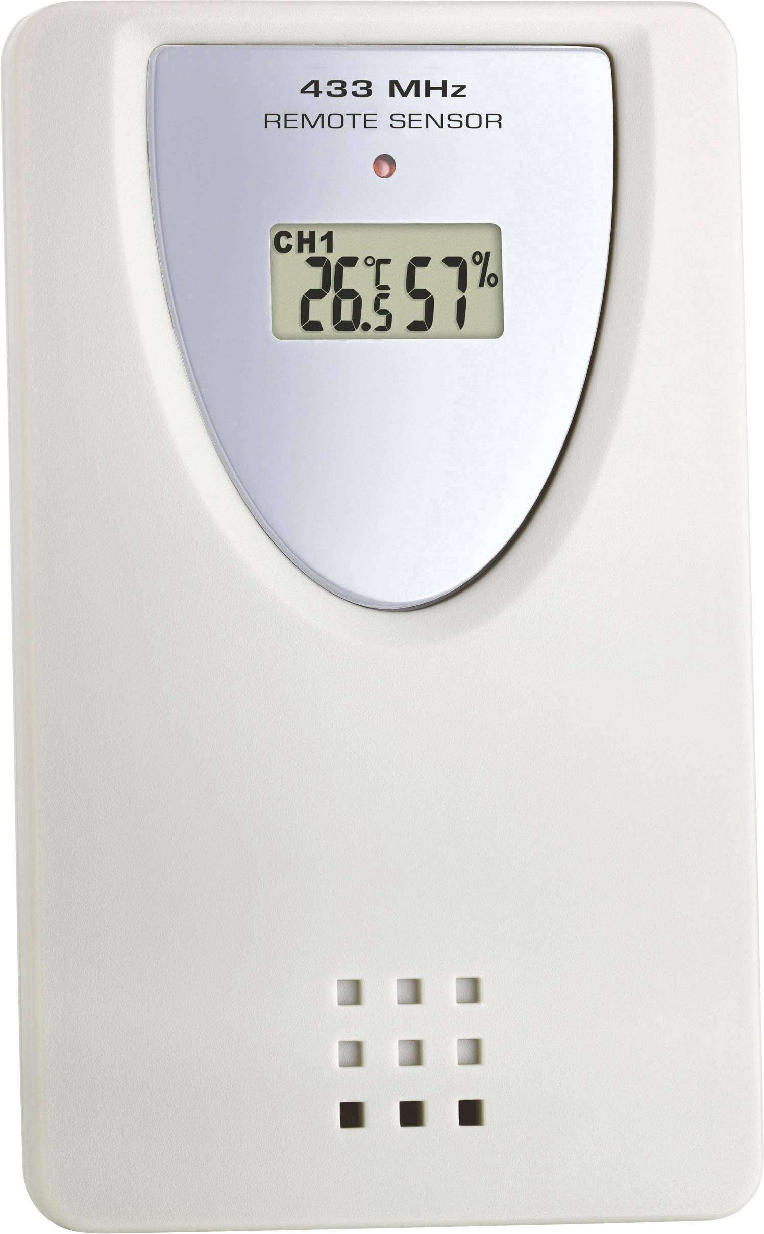 Een witte, rechthoekige 433 MHz afstandssensor toont op het display 'CH1 26,5°C 57%'.