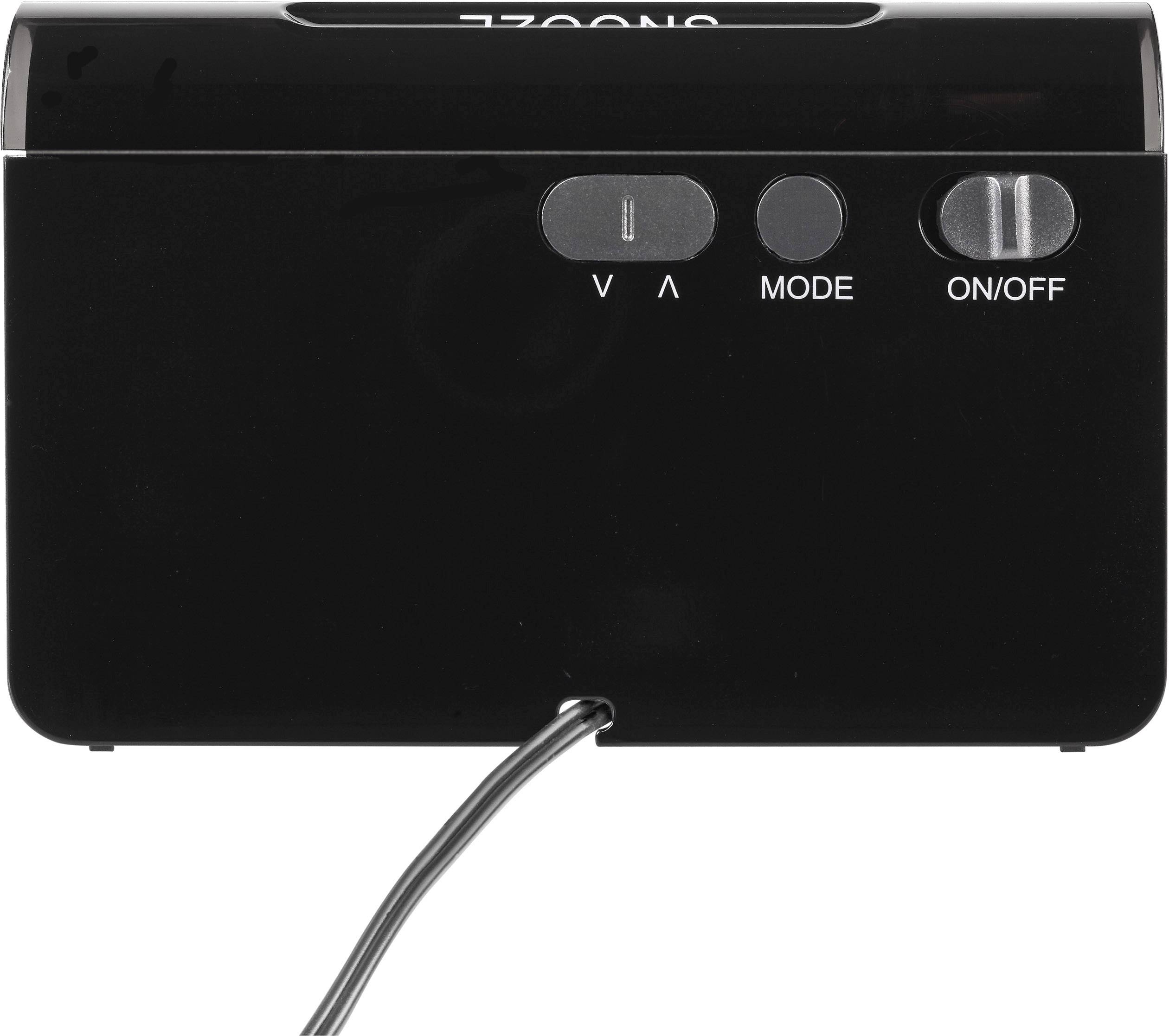 Zwart elektronisch apparaat met toetsen voor 'V A', 'MODE' en 'ON/OFF'. Een kabel is onderaan aangesloten.