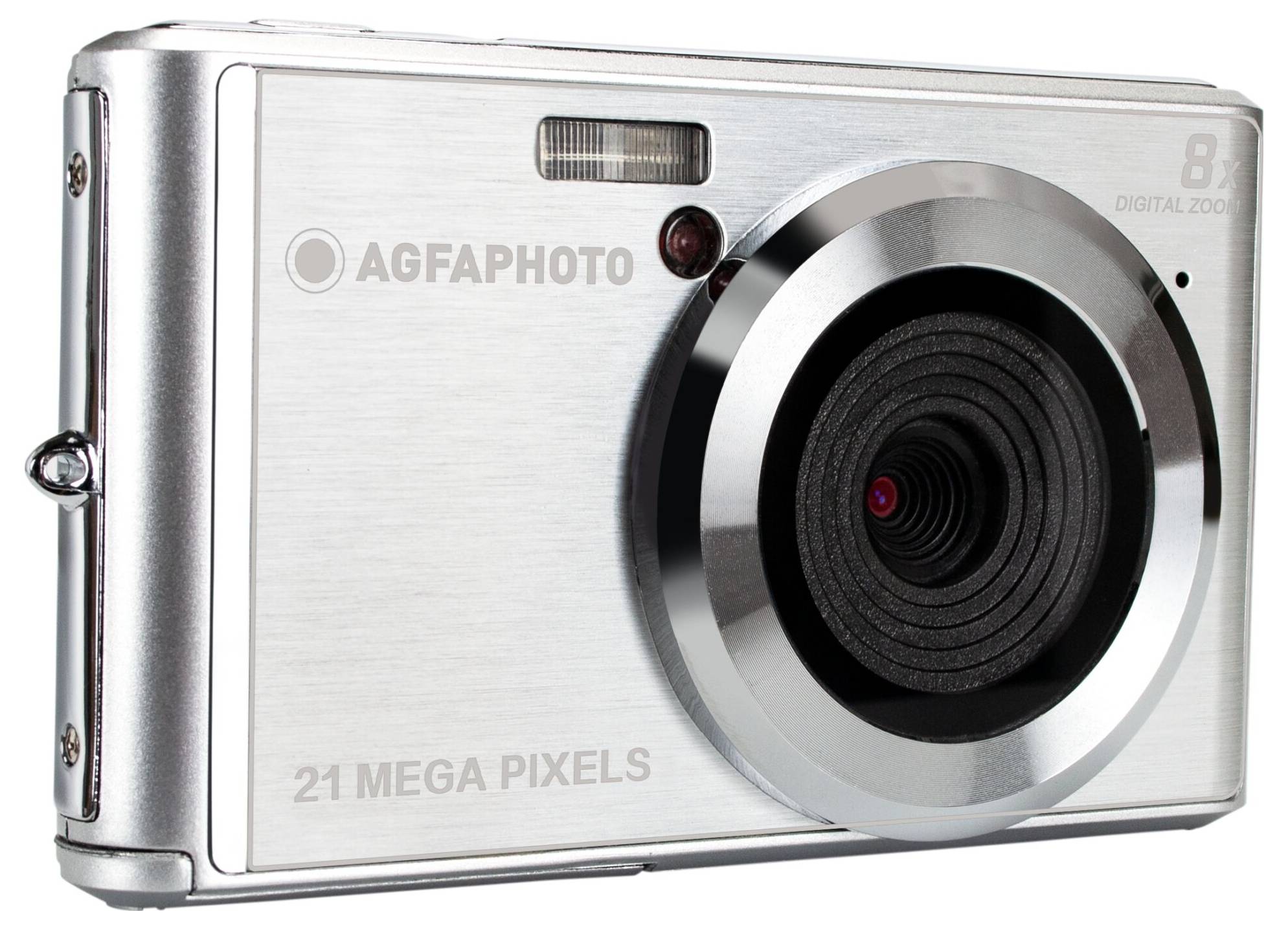 Digitale camera in zilver, compact met 21 megapixels en 8x digitale zoom. Vooraanzicht toont lens en flitser.