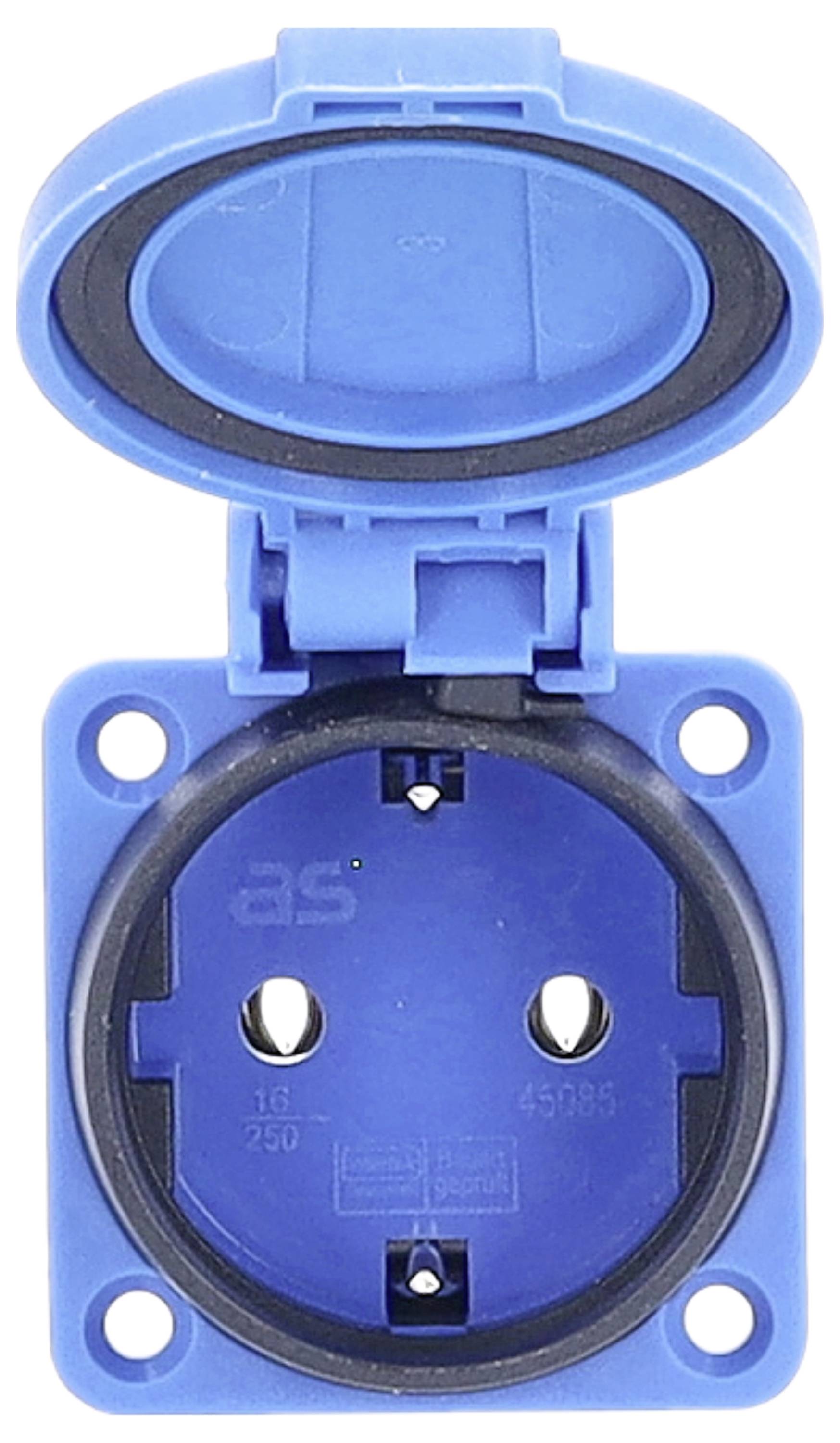 Een blauw stopcontact met opklapbaar deksel, geopend getoond. Het is ontworpen voor een spanning van 250V.