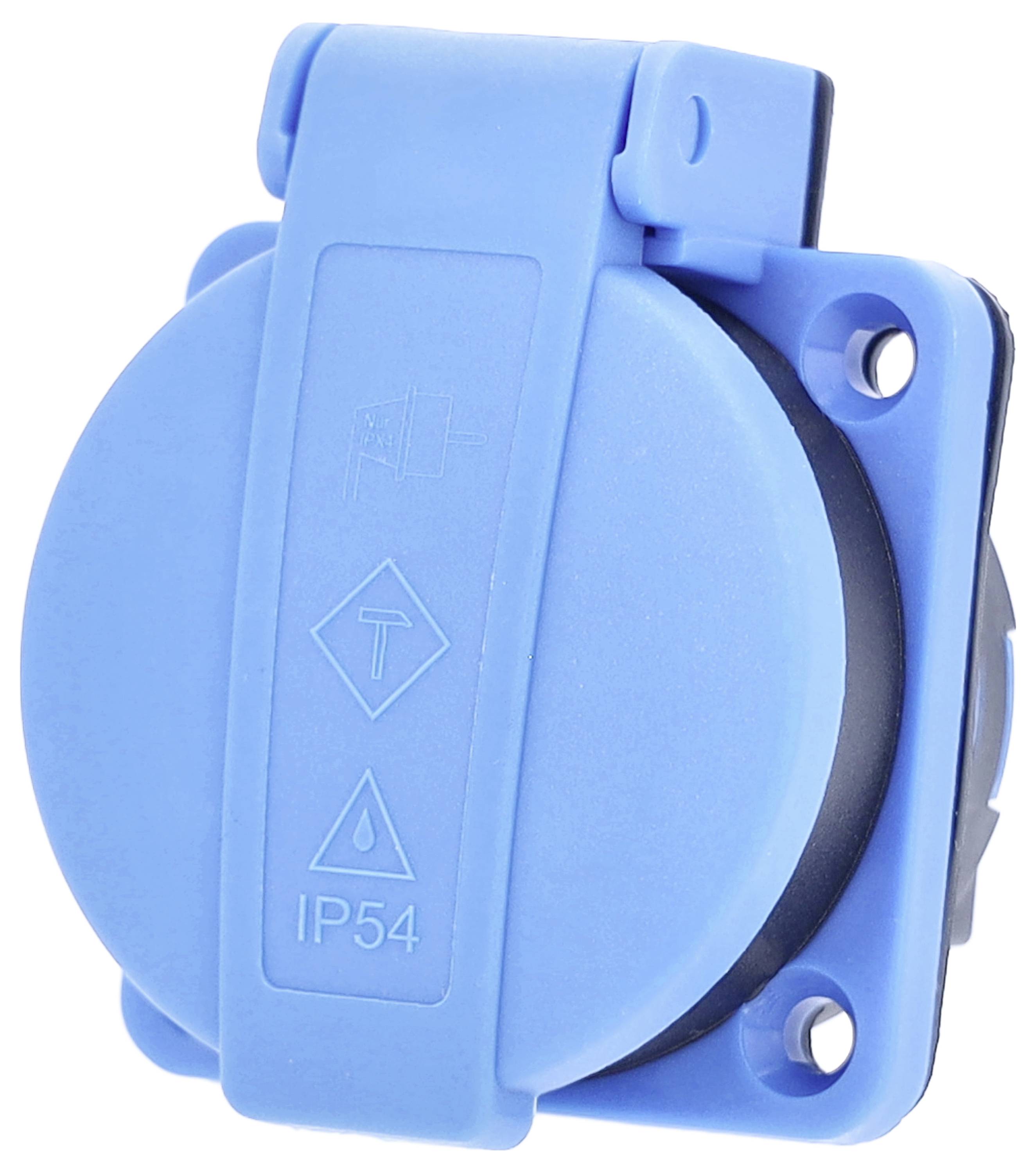 Blauw stopcontact met afdekking, gemonteerd op een oppervlak. Bovenzijde toont symbolen voor stroom, temperatuur, waterdichtheid (IP54).