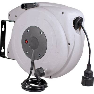 Automatische kabeloproller met verlengkabel, netstekker en stopcontact, geschikt voor wandmontage.