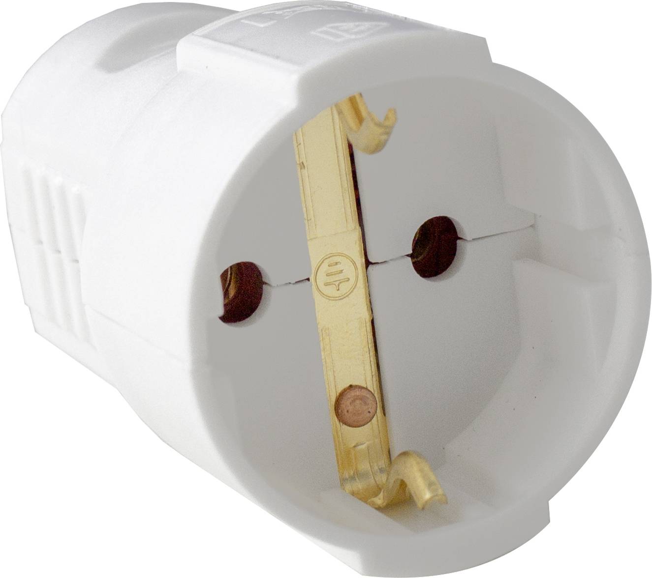 Een witte Schuko-stekkeradapter met goudkleurige contacten, gerangschikt in een rond behuizing, wordt van opzij getoond.