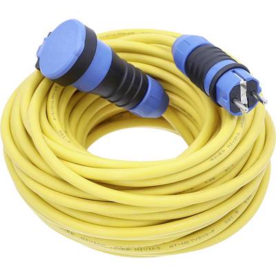 Opgerolde gele elektrische verlengsnoer met blauw-zwarte industriële stekkers aan beide uiteinden.