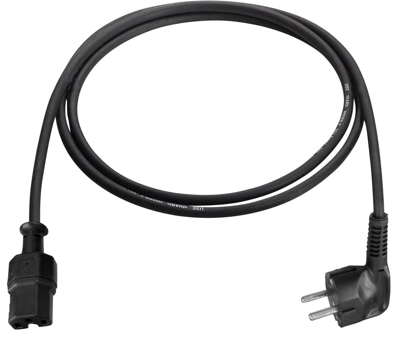 Zwart netwerkkabel met een Schuko-stekker en een IEC-stekker, vaak gebruikt voor computers of elektronische apparaten.