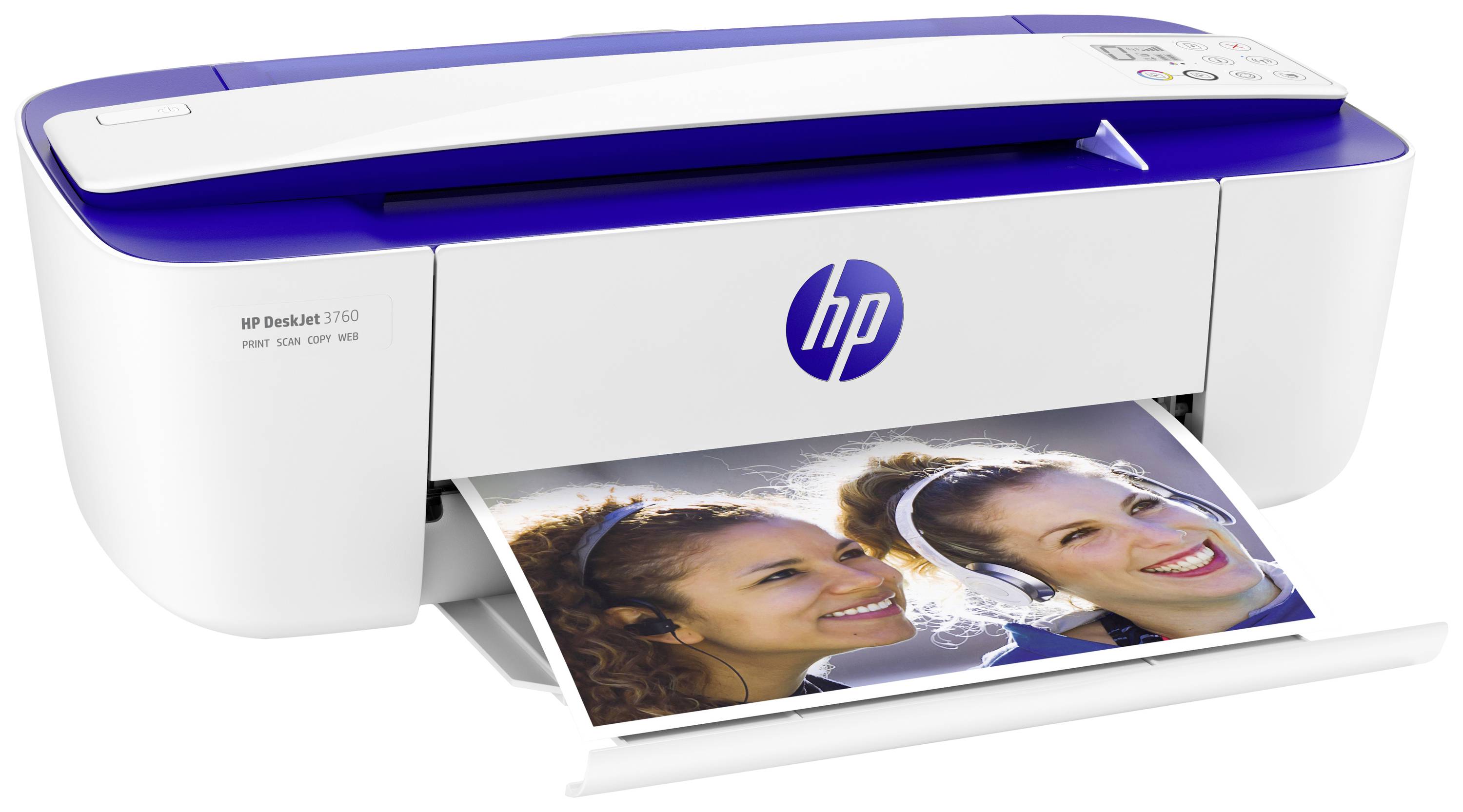 Een witte en blauwe printer drukt een foto af van twee lachende personen. De printer heeft vooraan een opvallend merklogo.