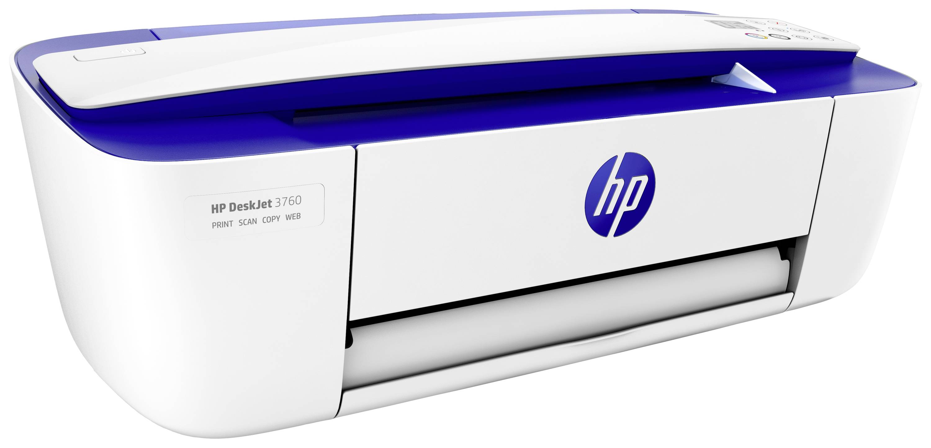 Een wit-blauwe multifunctionele printer met HP-logo, model HP Deskjet 3760, geschikt voor printen, scannen en kopiëren.
