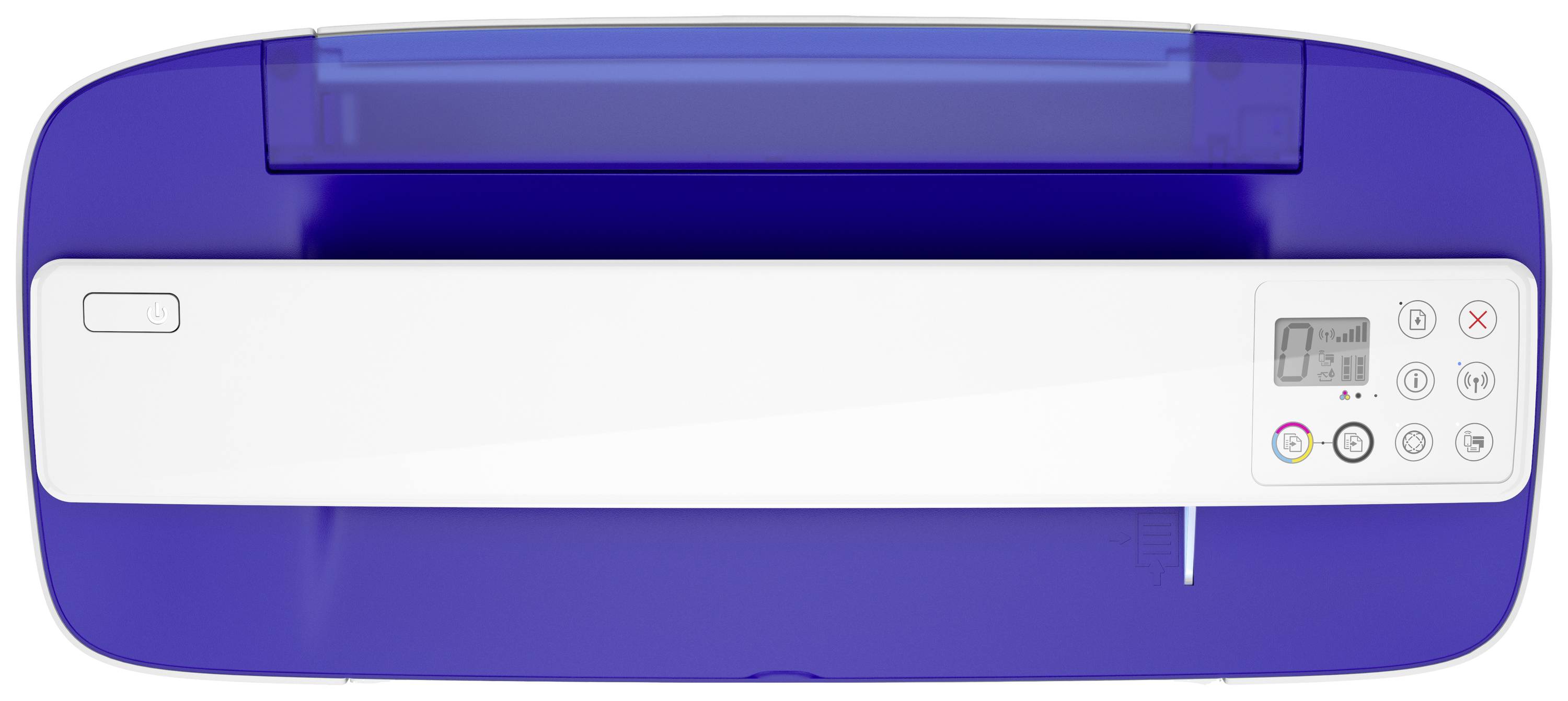 Een moderne printer met een blauwe behuizing en een wit bedieningspaneel. Knoppen en een klein display zijn zichtbaar.