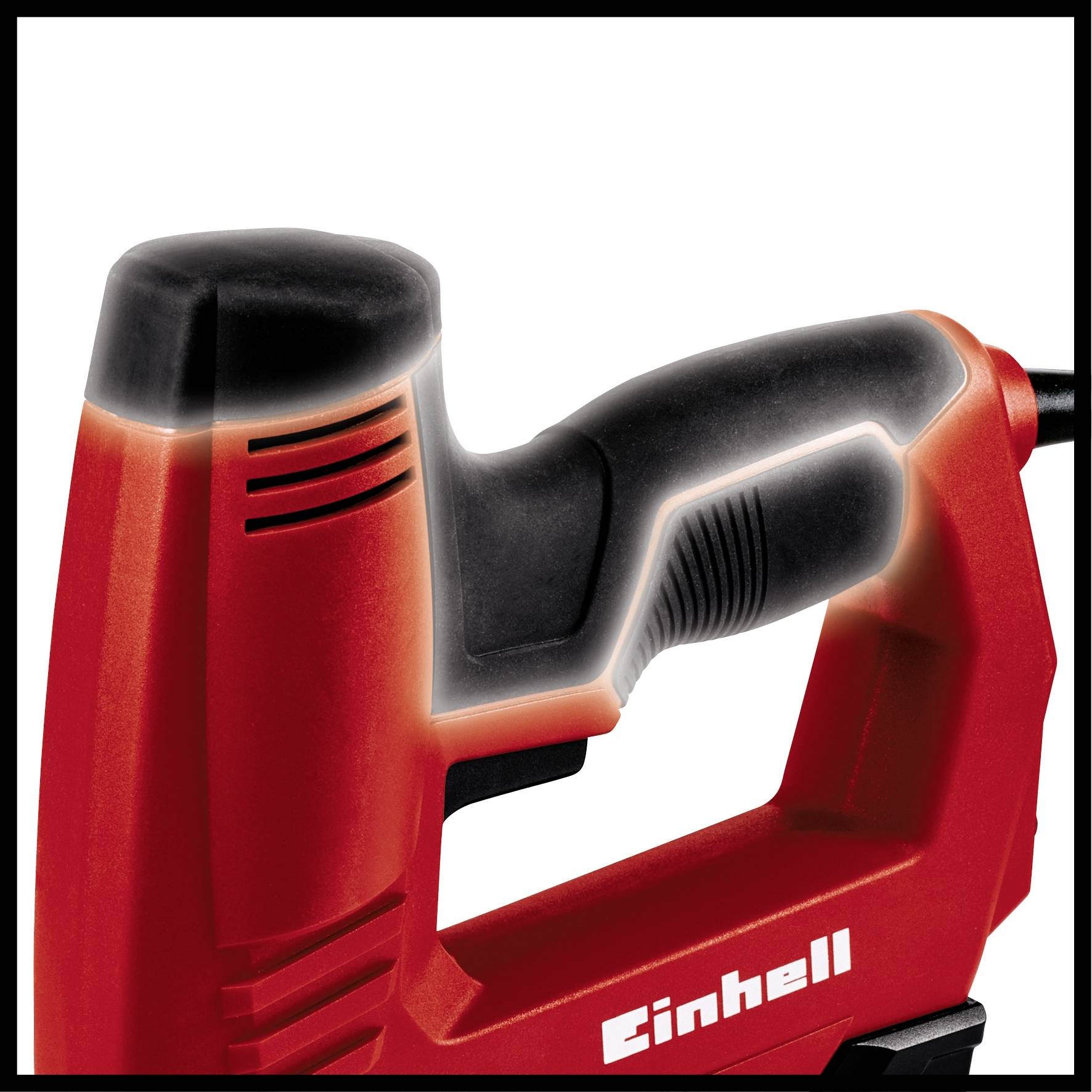 Een rode handtacker met een ergonomische greep, waarbij de merknaam 'Einhell' aan de zijkant staat. Ideaal voor het bevestigen van materialen.