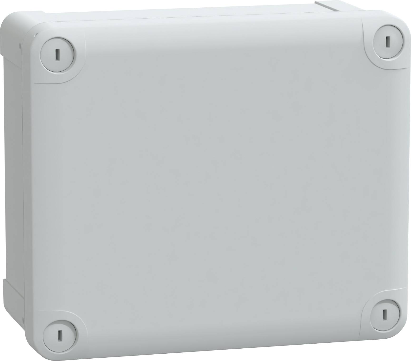 Een eenvoudige, lichtgrijze rechthoekige verdeeldoos met afgeronde hoeken en vier schroefbevestigingspunten, doorgaans gebruikt voor elektrische installaties.