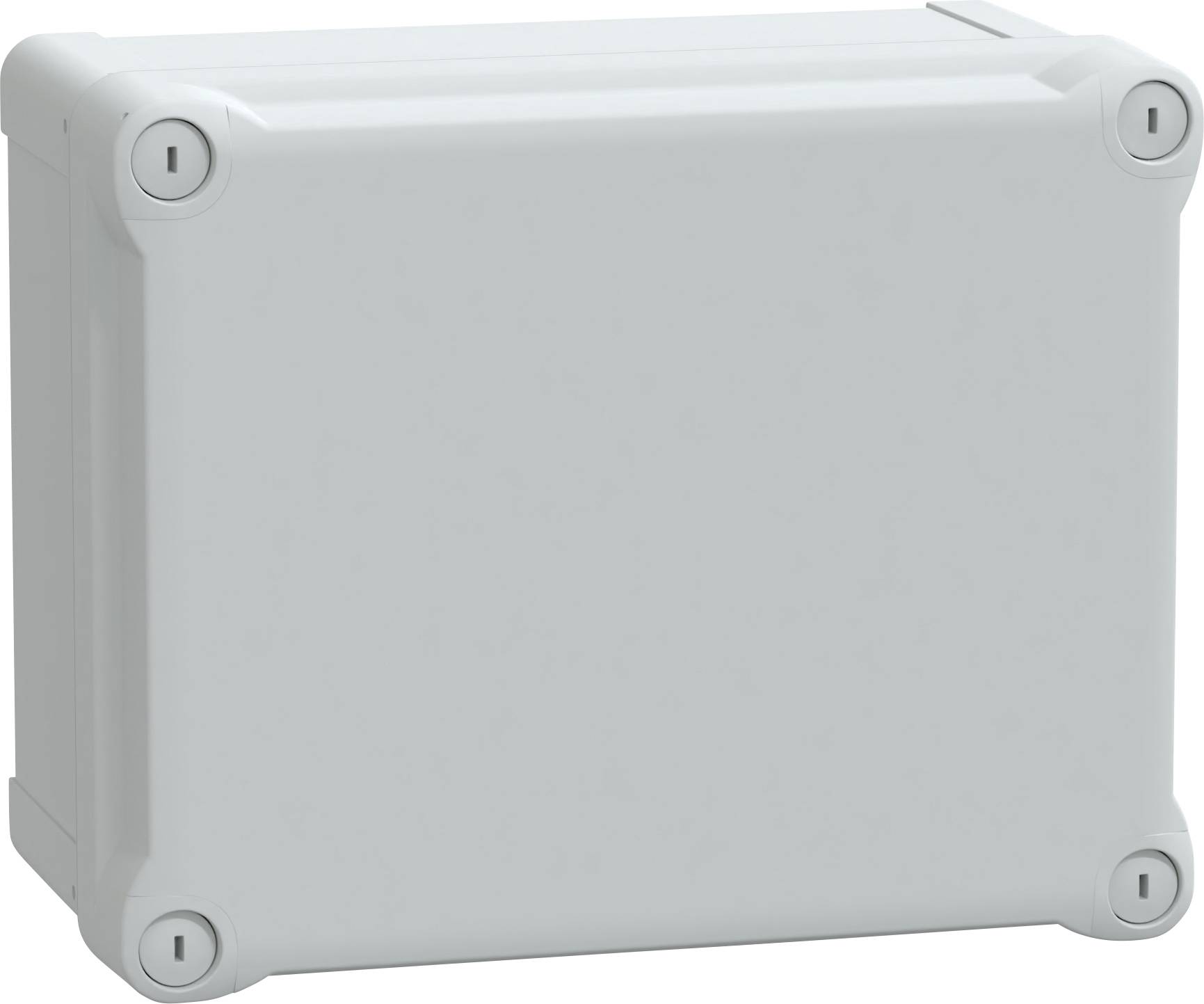 Een rechthoekige grijze kunststof elektrische doos met afgeronde hoeken en vier zichtbare schroefgaten, gebruikt voor het herbergen van elektrische componenten.