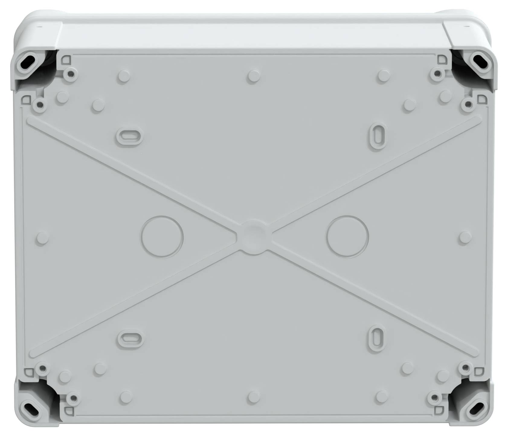 Een lichtgrijze rechthoekige verdeeldoos met zichtbare bevestigingsgaten in de hoeken en kruisvormige versterkingsribben.