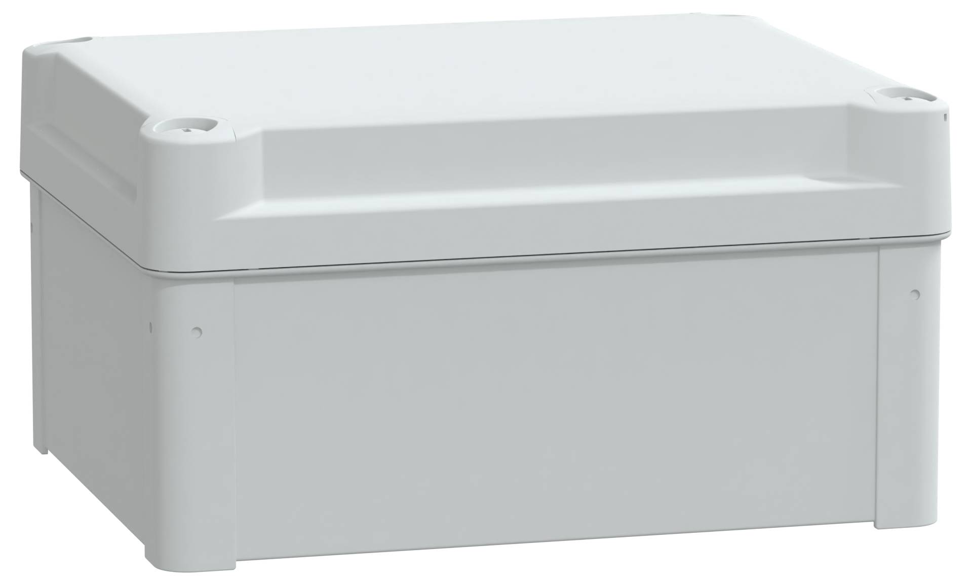 Een grijze, rechthoekige elektrische verdeeldoos met een platte deksel en afgeronde hoeken, doorgaans gebruikt voor het huisvesten van elektrische verbindingen.