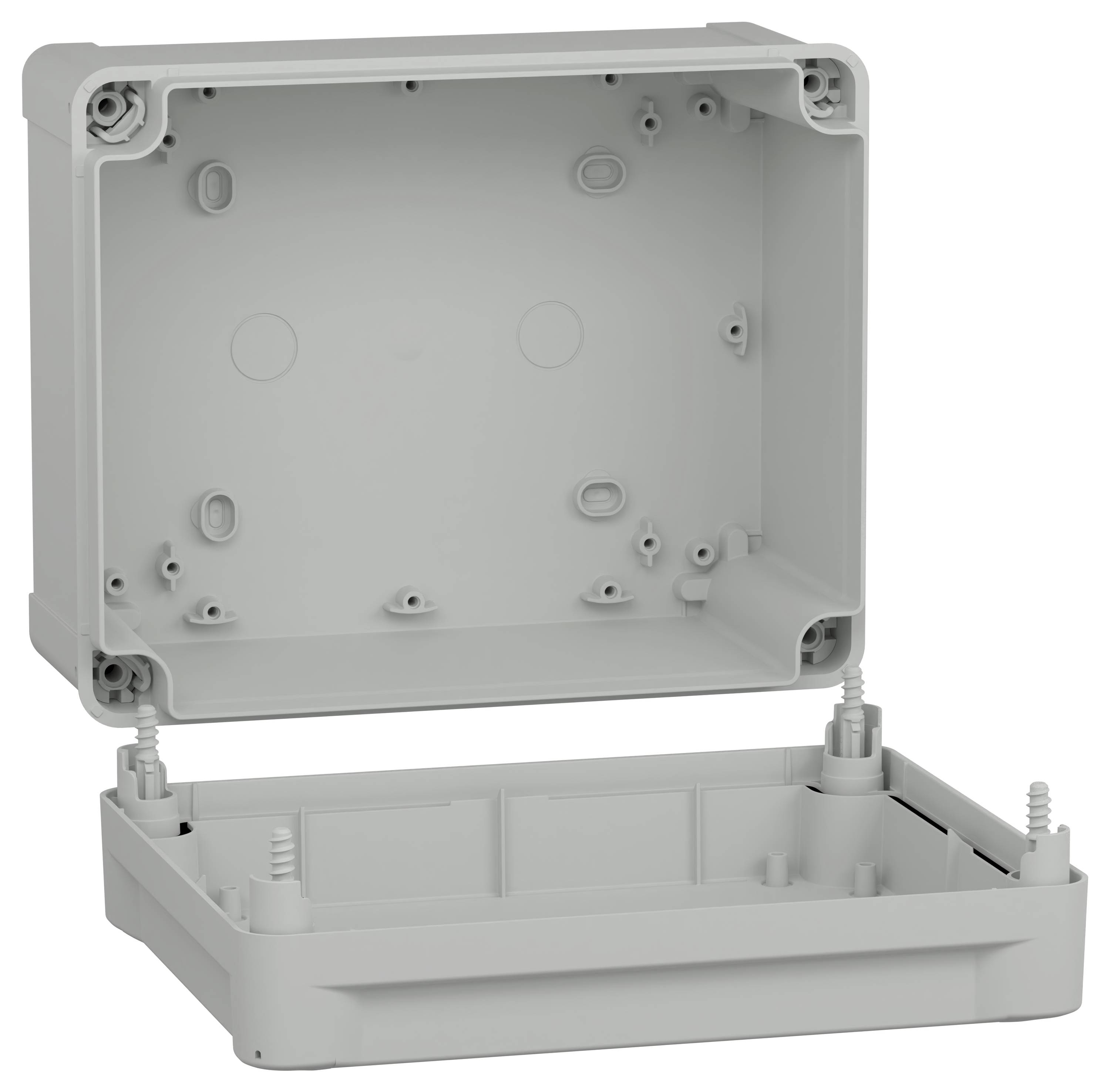 Een open rechthoekige elektrische verdeeldoos van grijs plastic, met montagegaten en kabelinvoerpunten aan de binnenkant.