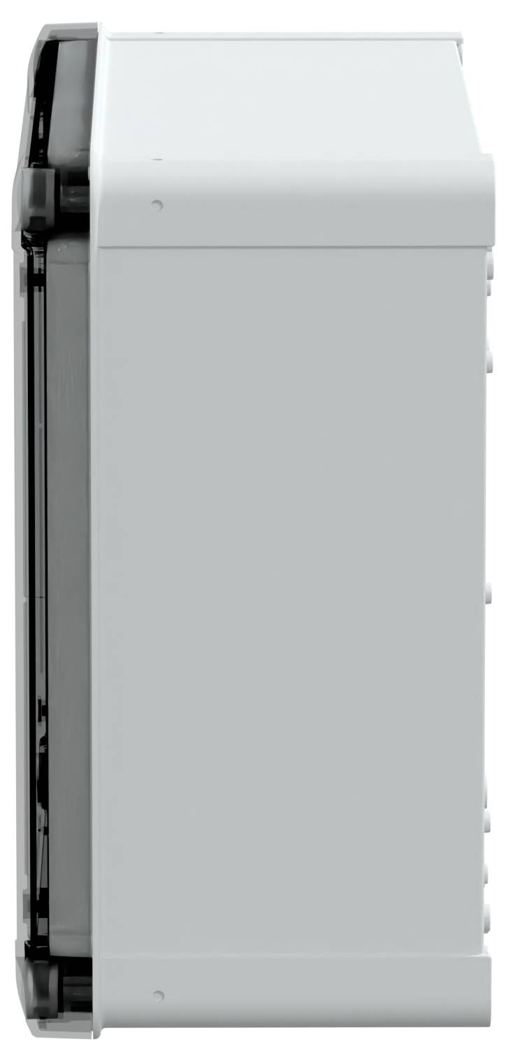 Een grijze, rechthoekige industriële behuizing, gezien van opzij, met een robuust ontwerp geschikt voor het herbergen van elektrische componenten.